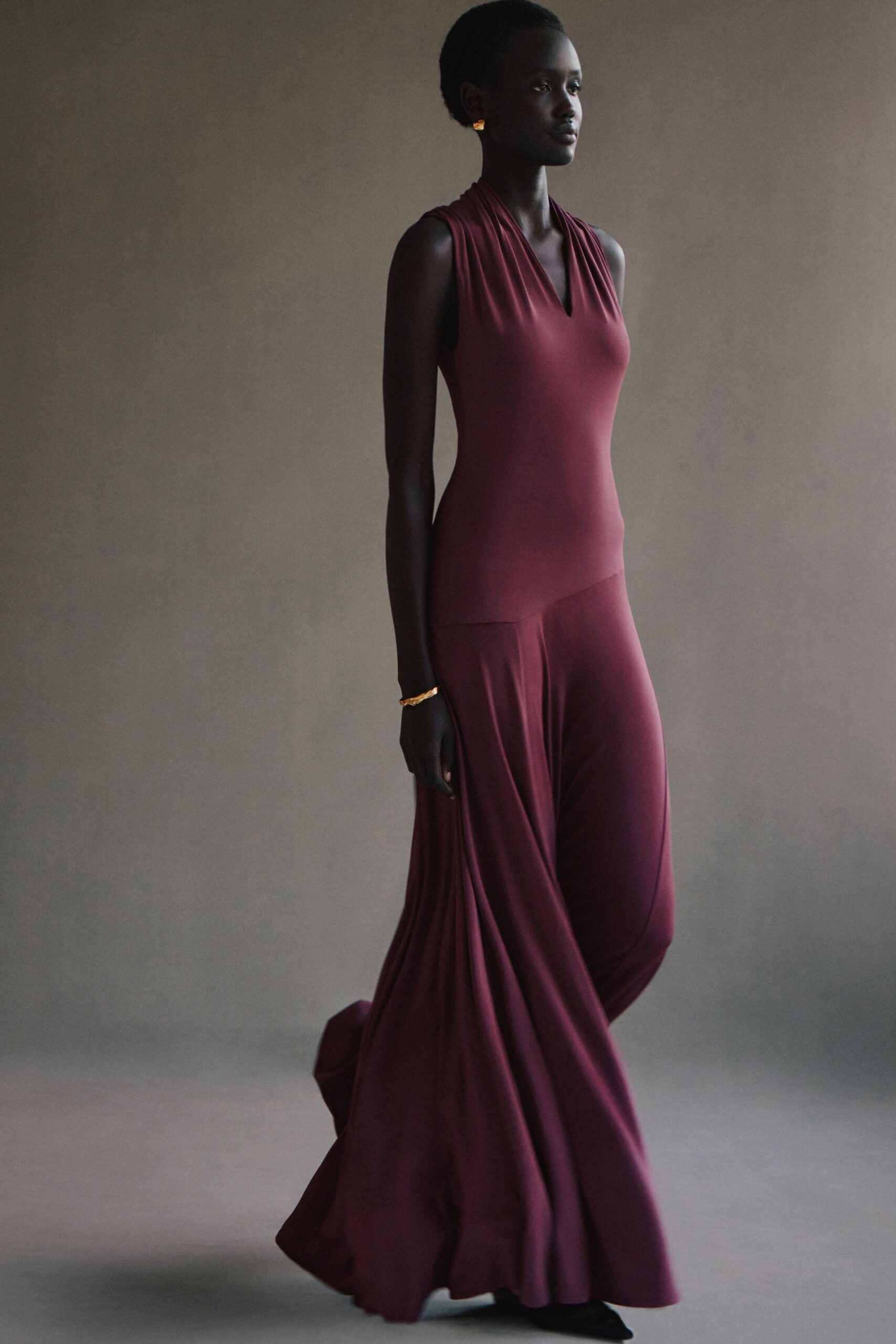 maroon silk sleeveless gown