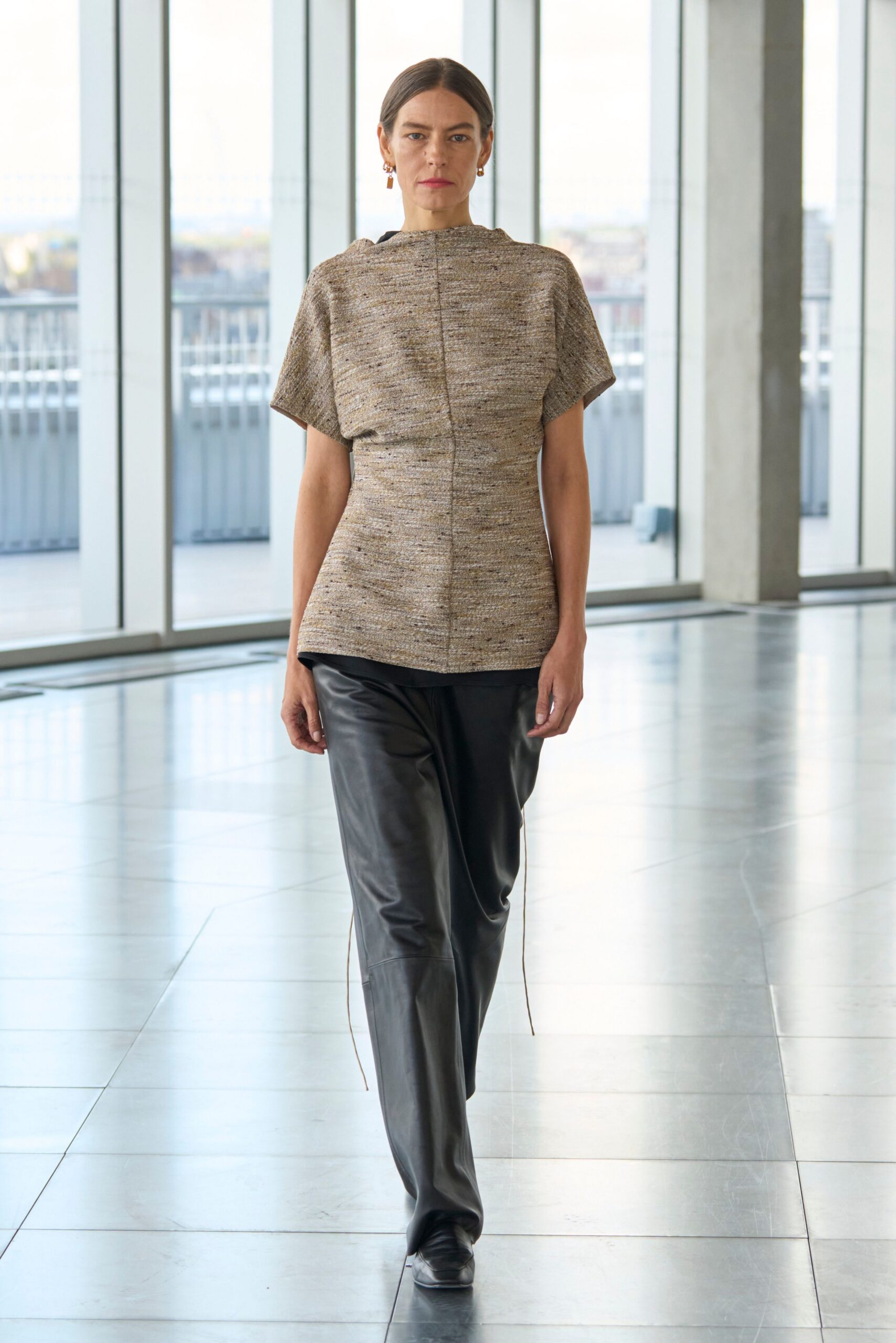 beige tweed short-sleeve high-neck fitted structured top