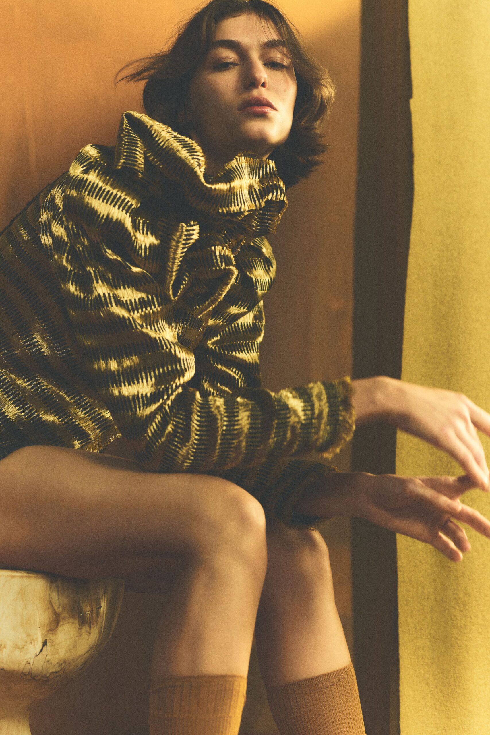 gold wool long-sleeve high-neck fitted striped jacket