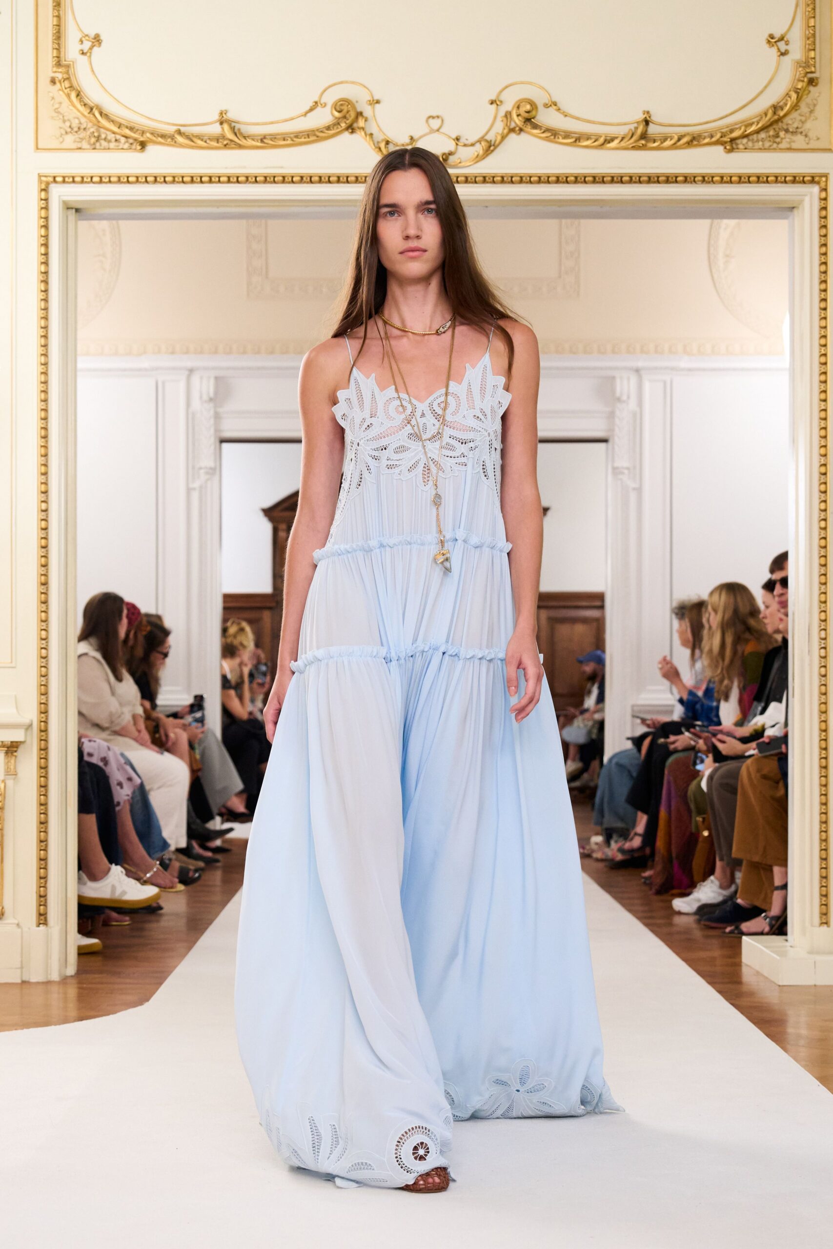 blue chiffon sleeveless v-neck relaxed layered embroidered dress