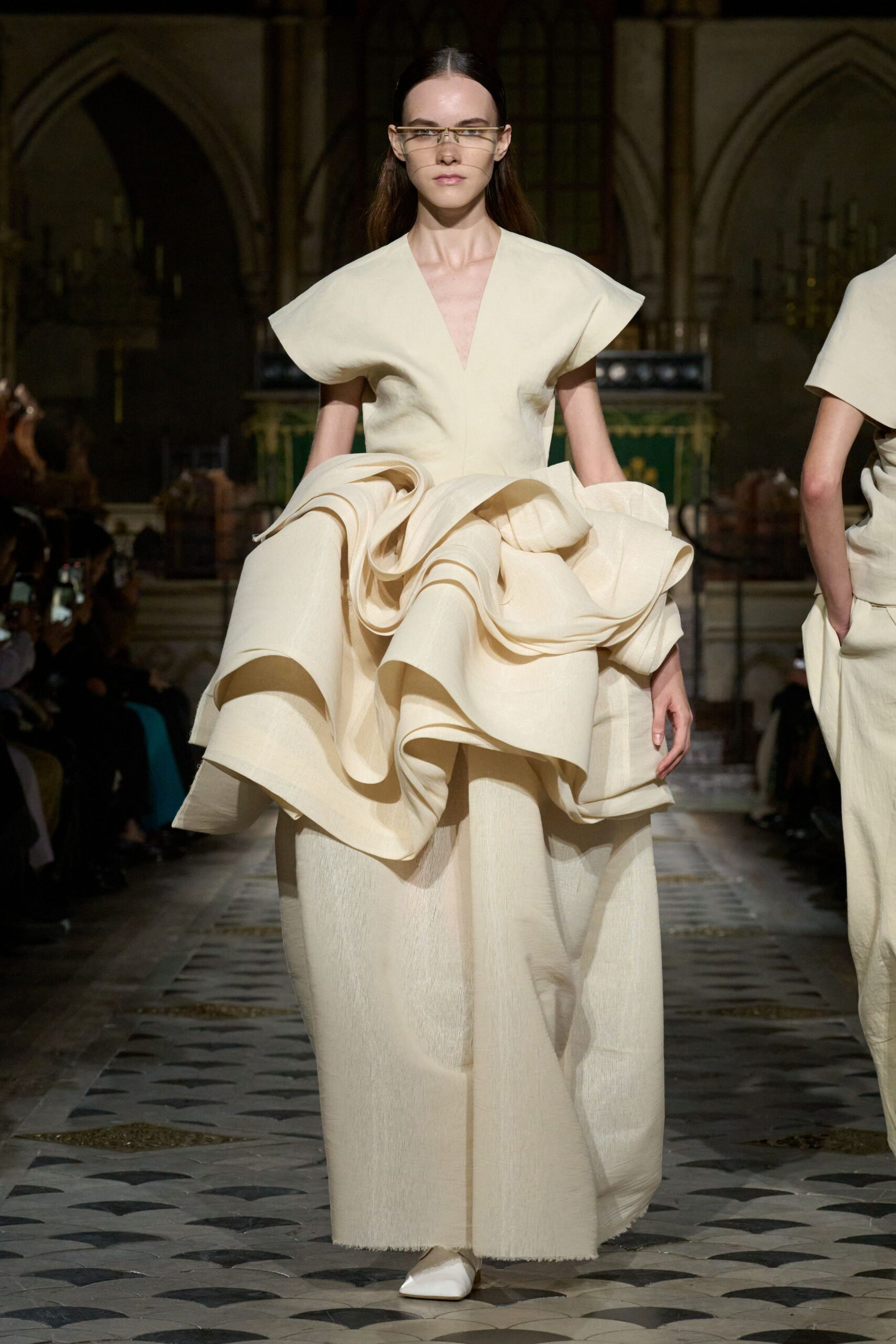 beige cotton short-sleeve v-neck fitted draped layered gown