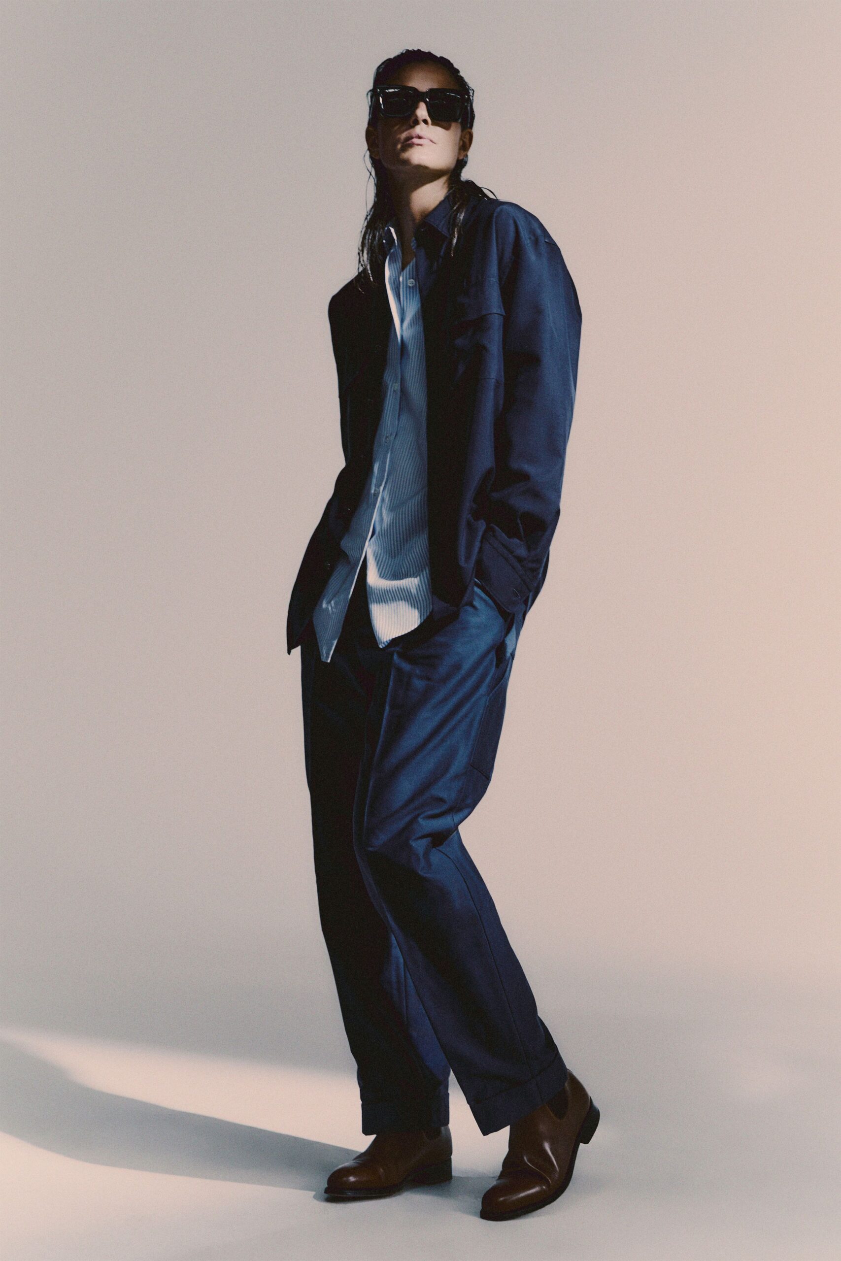 blue relaxed jacket with white shirt