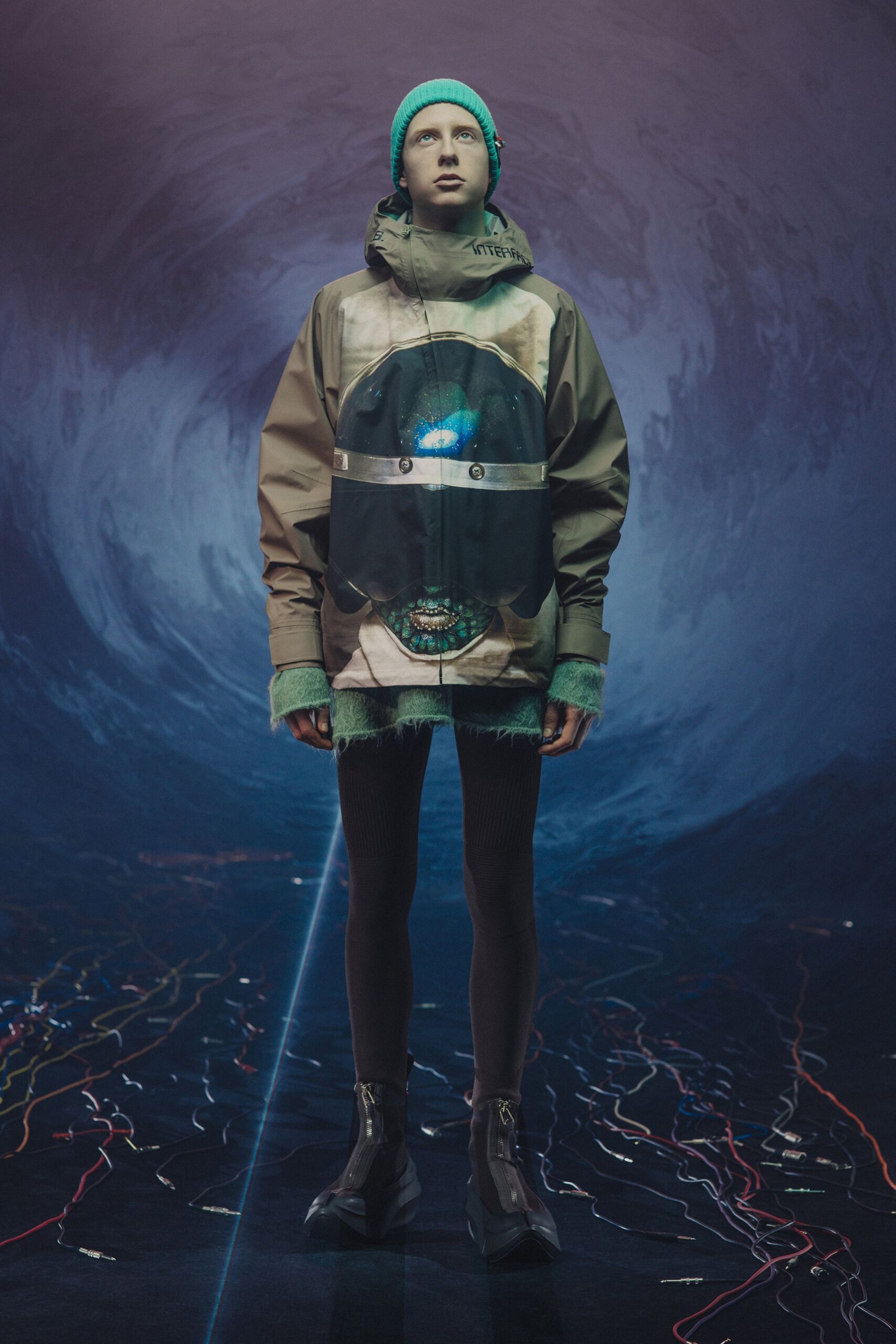 green vinyl long-sleeve collared relaxed zippered printed jacket