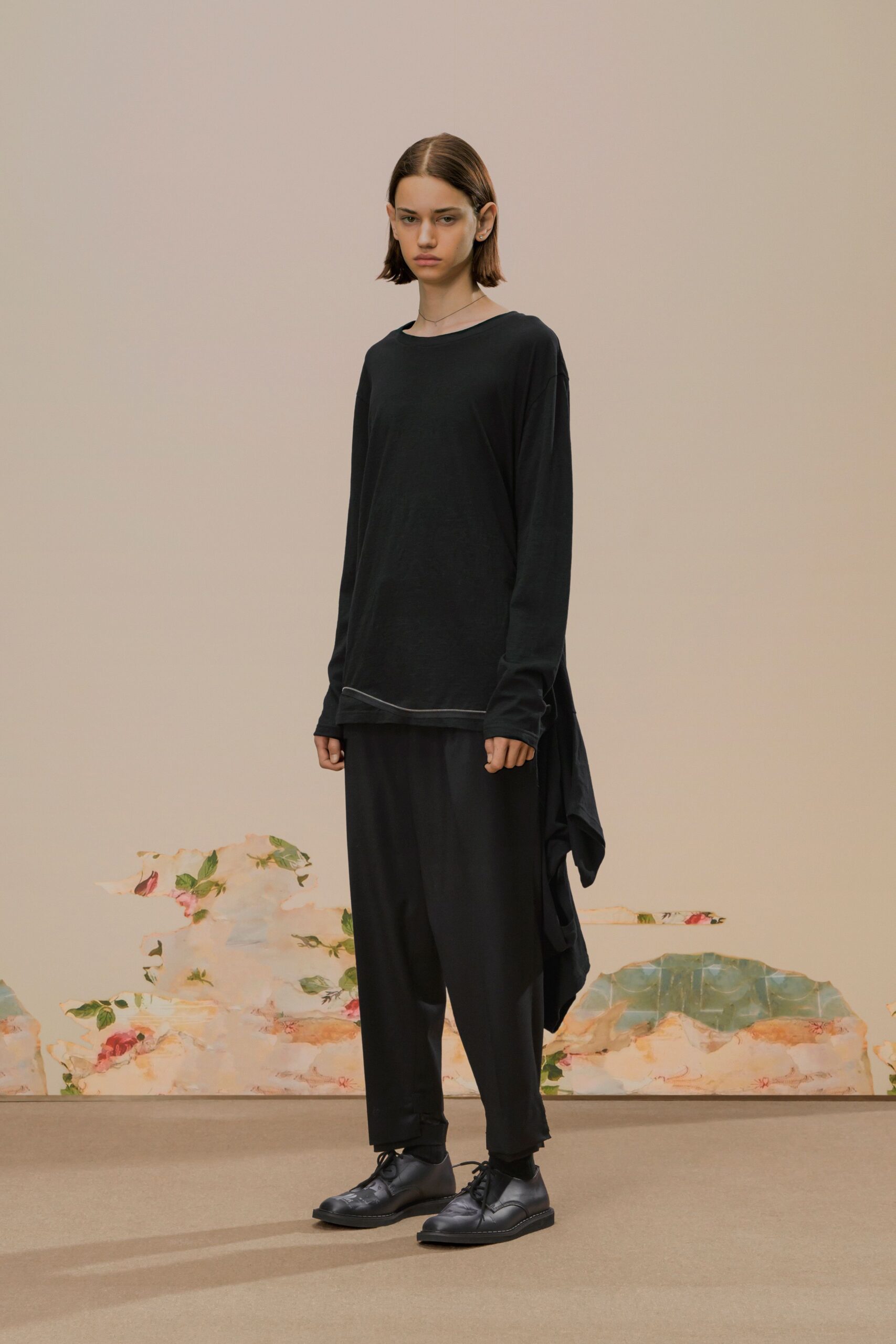 black cotton long-sleeve asymmetric relaxed top