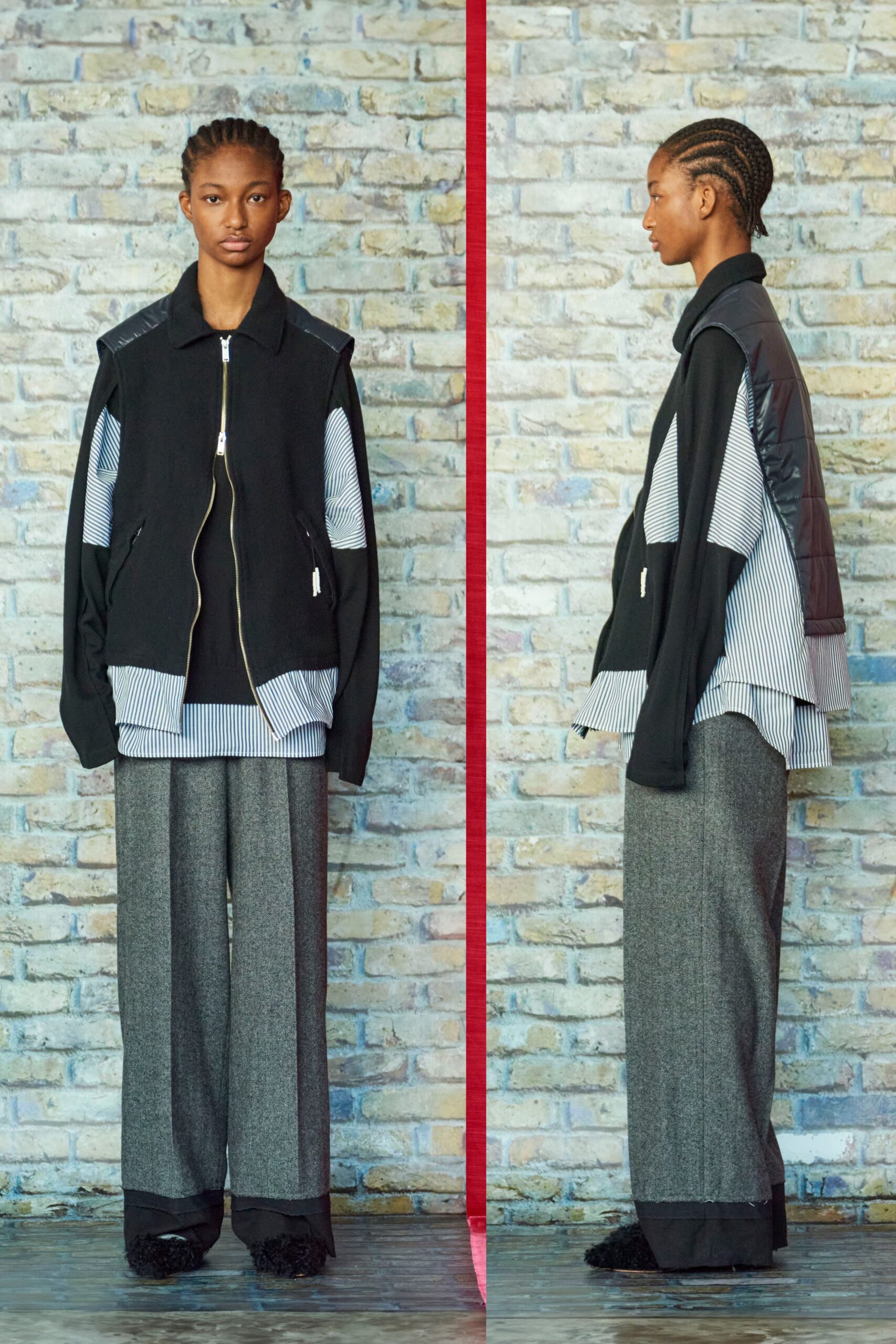 black relaxed jacket with striped shirt
