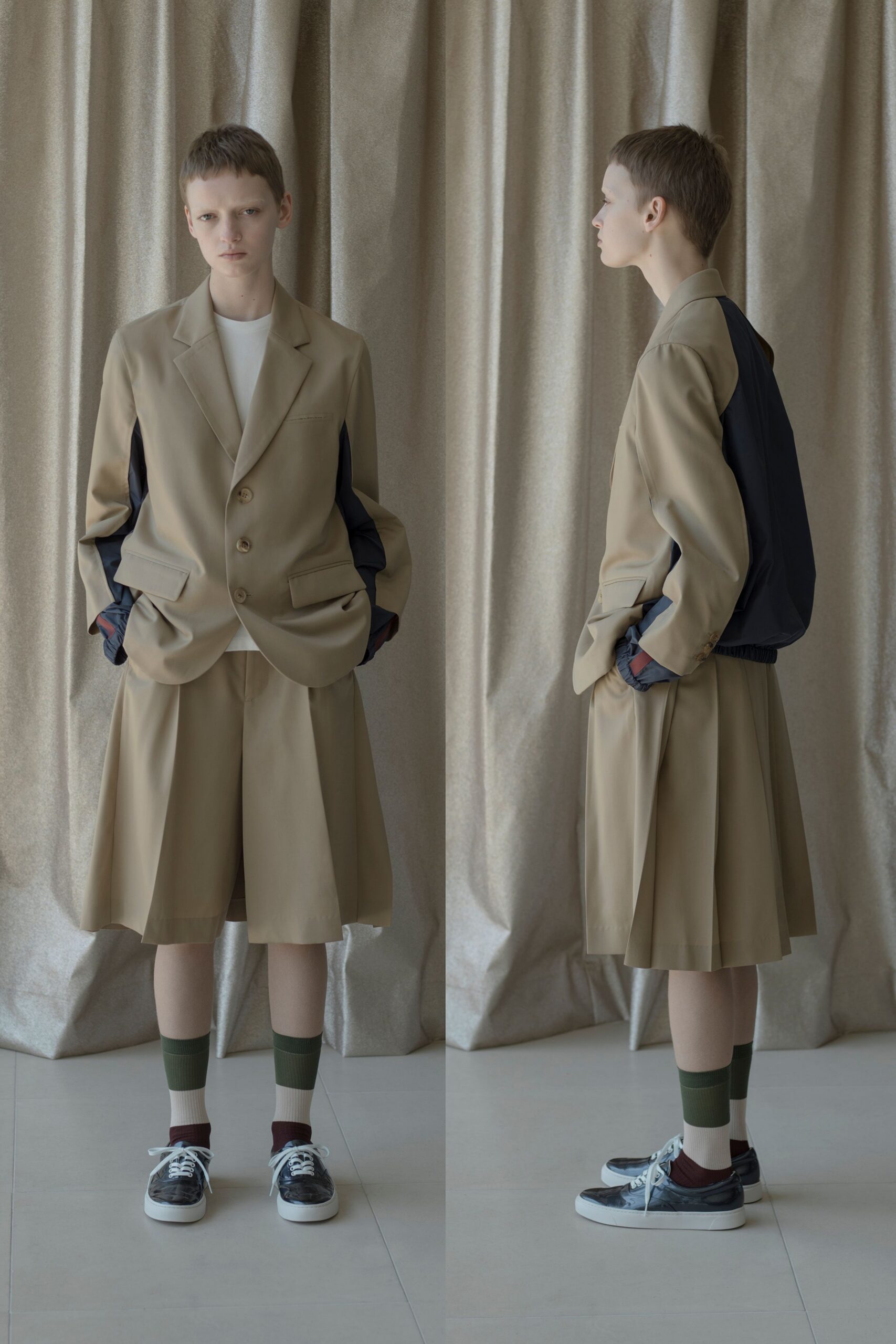 beige blazer with pleated skirt