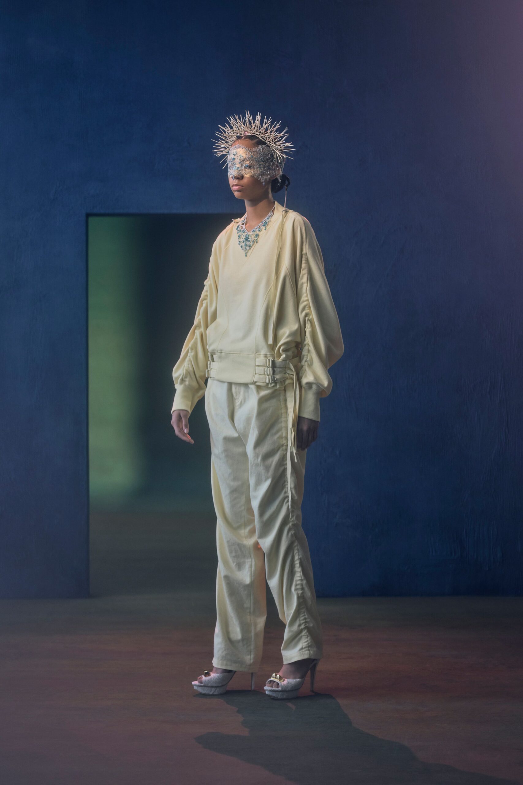 yellow silk long-sleeve collared oversized top