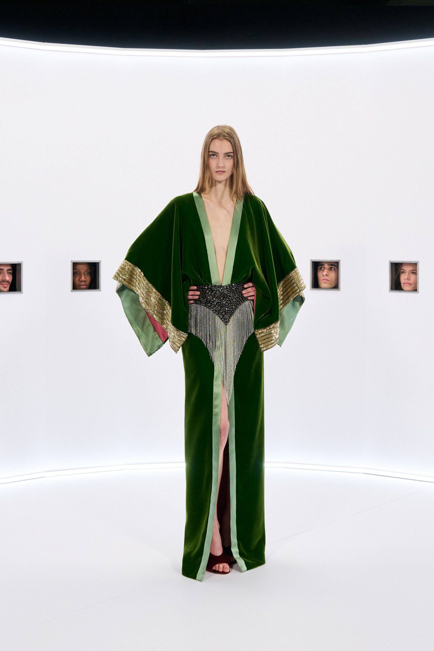 green velvet gown with embellishments