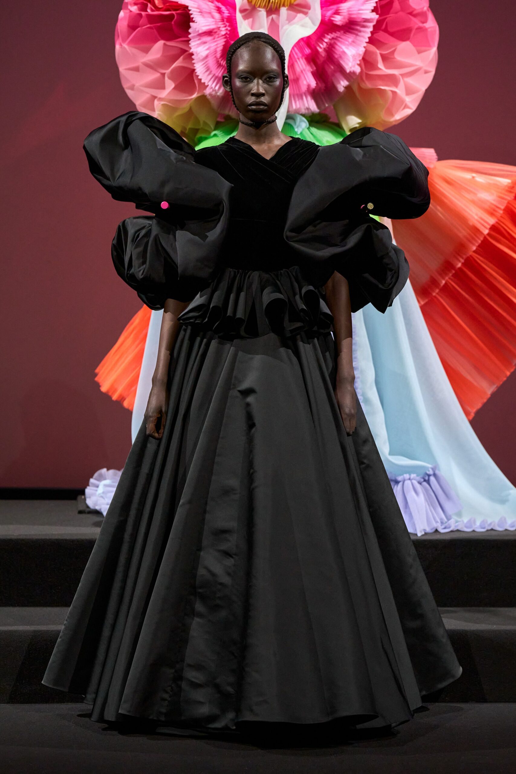 black silk ruffled gown