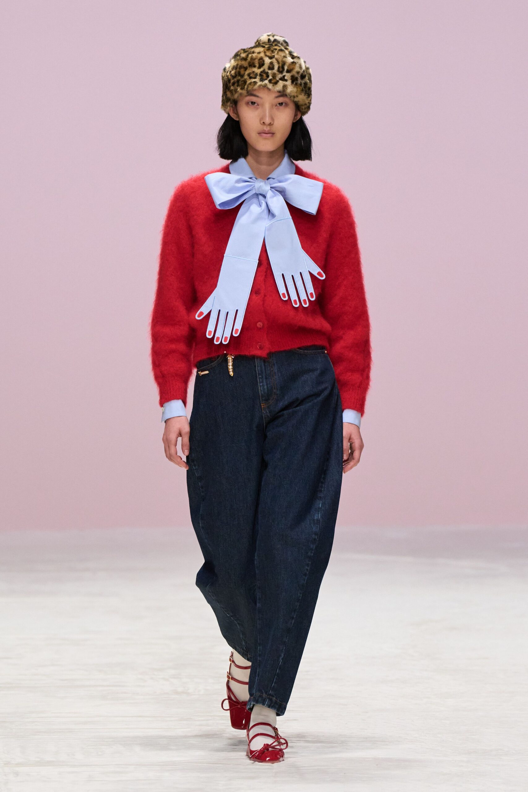 red wool long-sleeve collared relaxed buttoned sweater