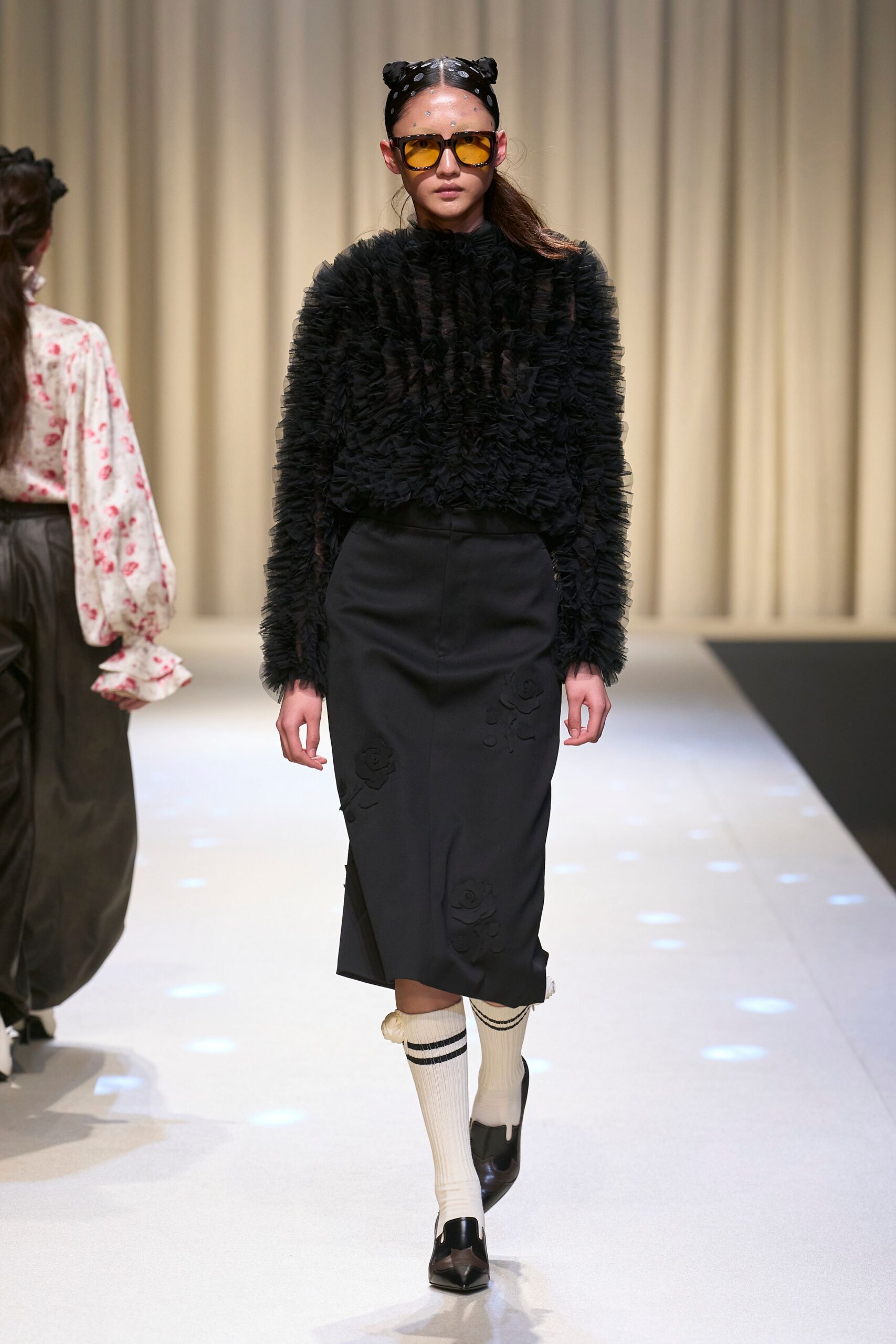 black fur long-sleeve high-neck fitted ruffled top