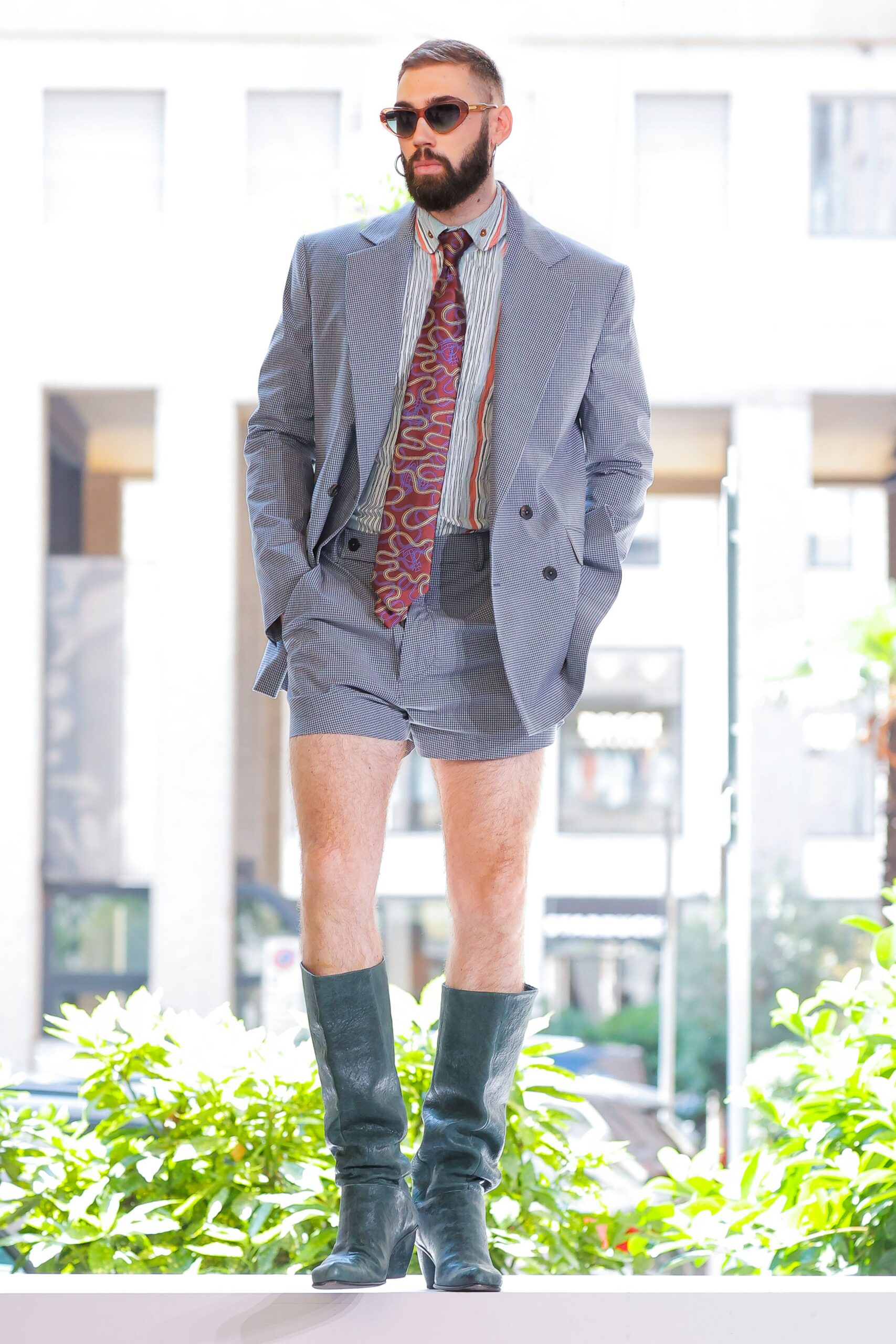 gray tailored suit with shorts