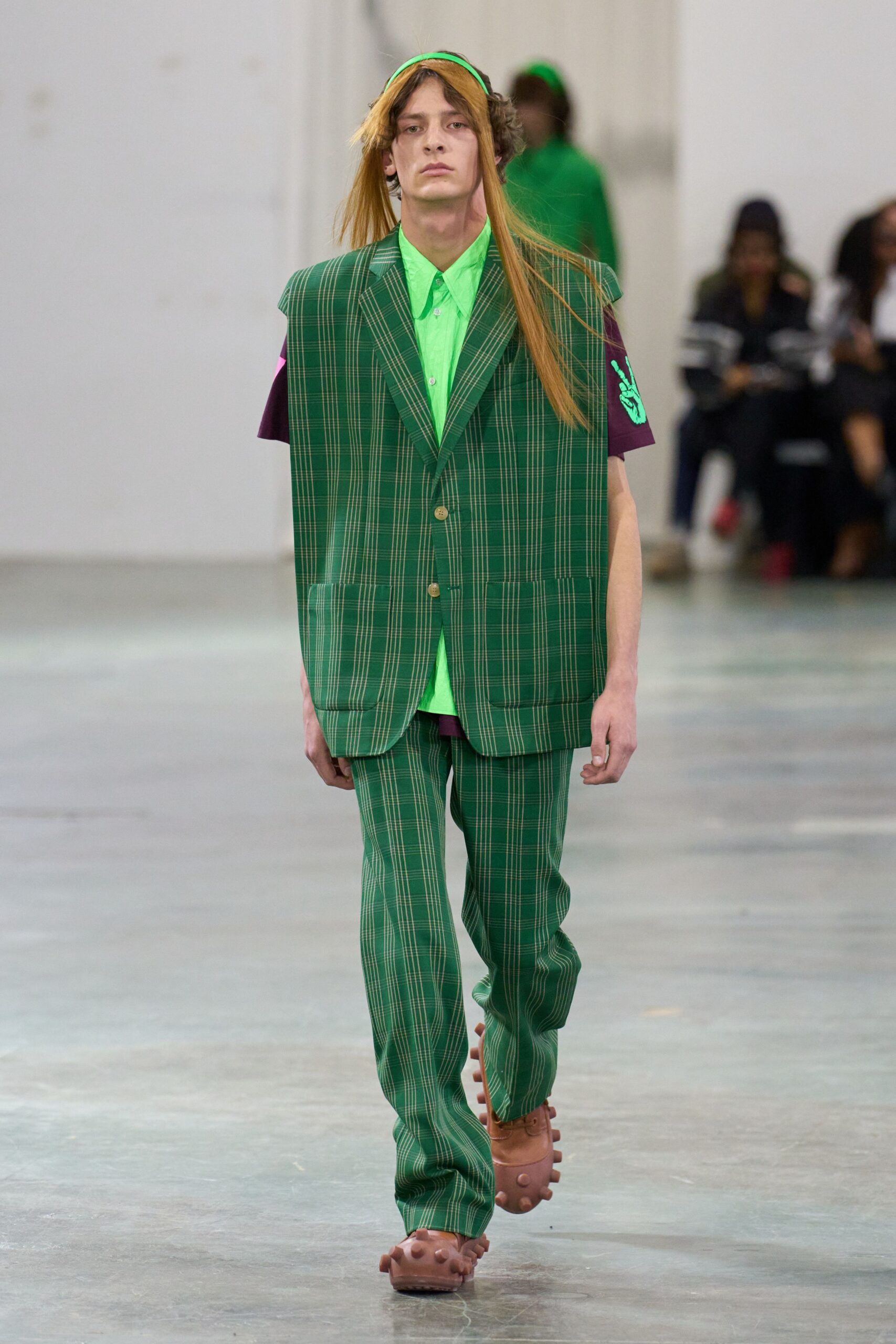 green checked suit with brown shoes