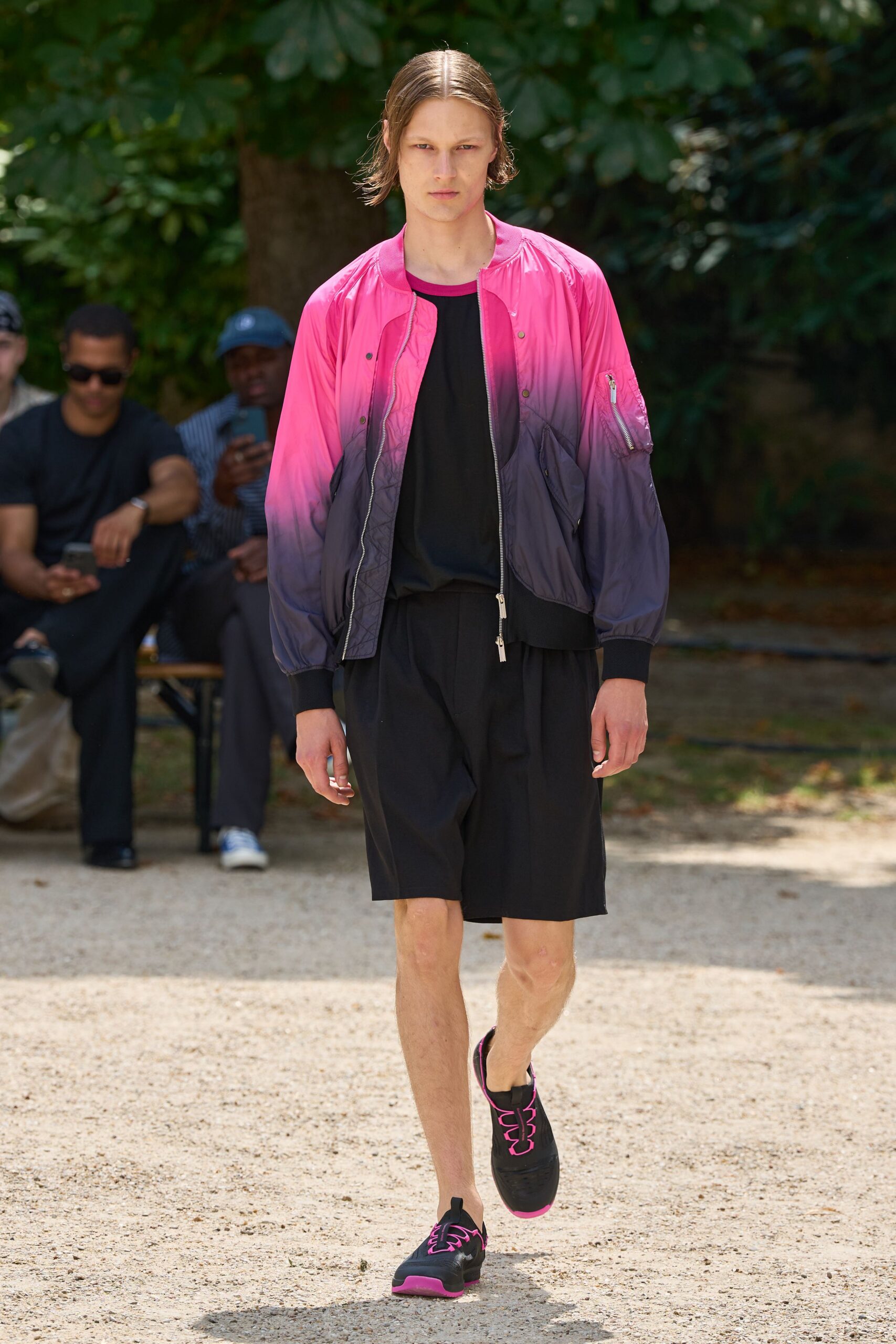 pink purple jacket black t-shirt shorts