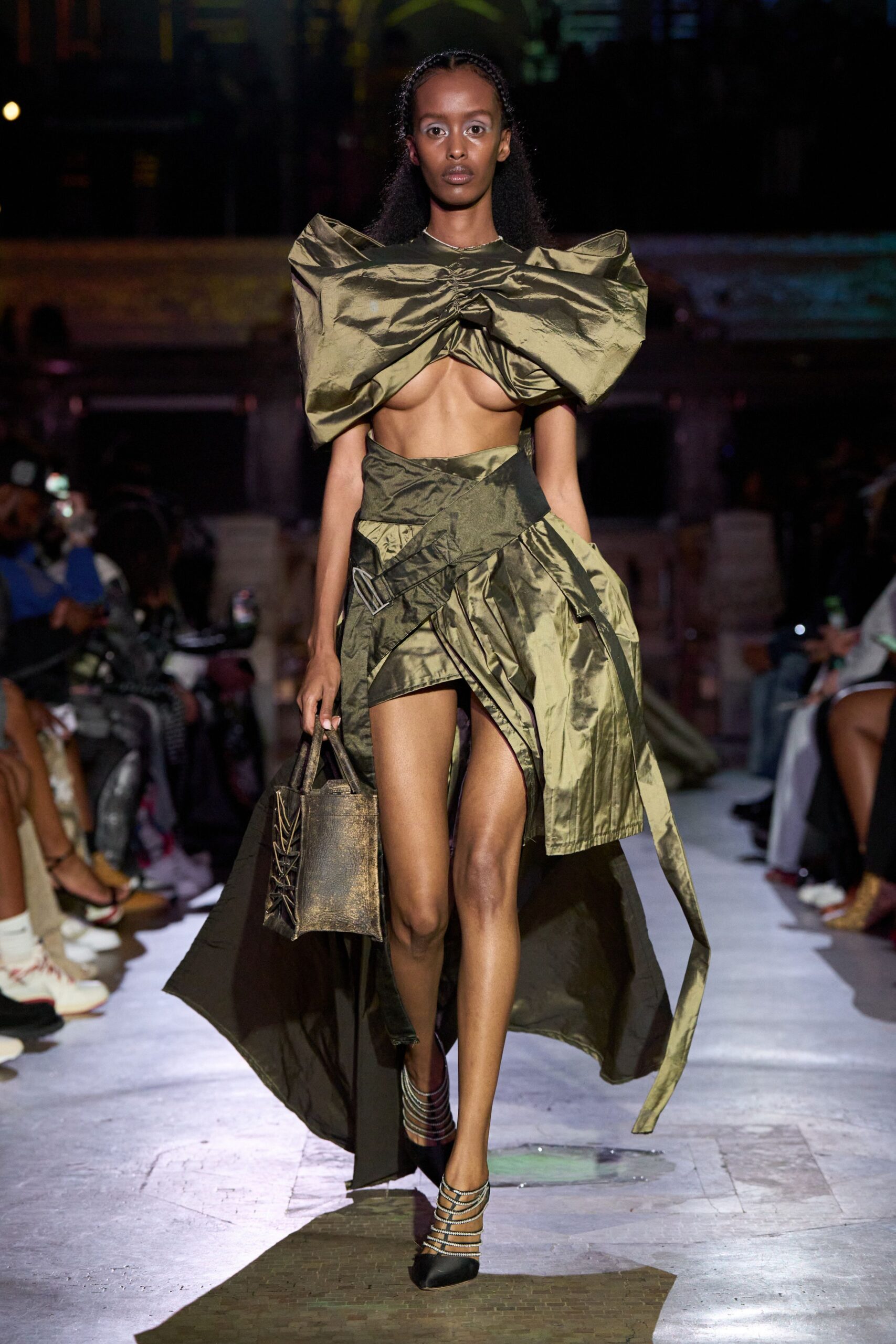 green silk sleeveless high-neck fitted pleated draped dress