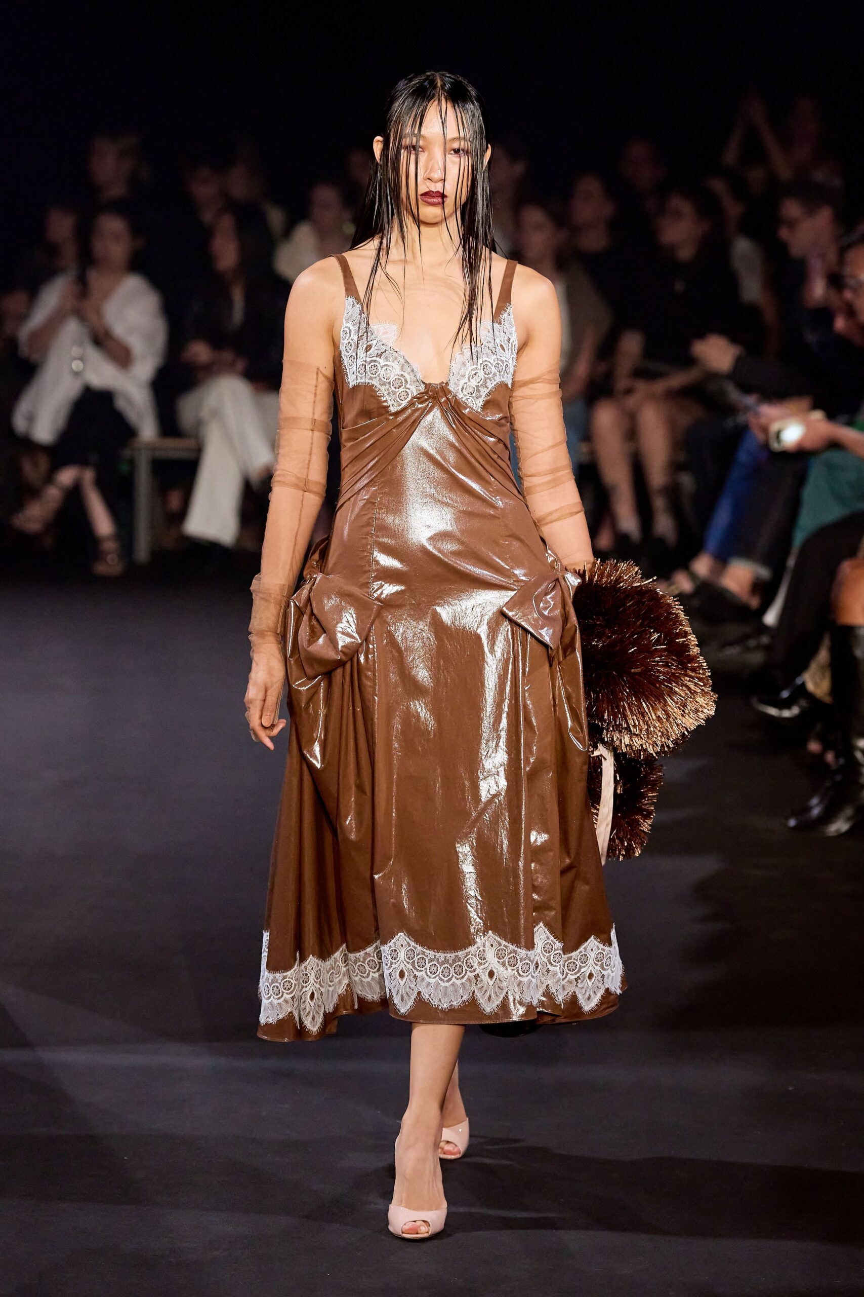 brown leather sleeveless v-neck fitted layered pleated dress