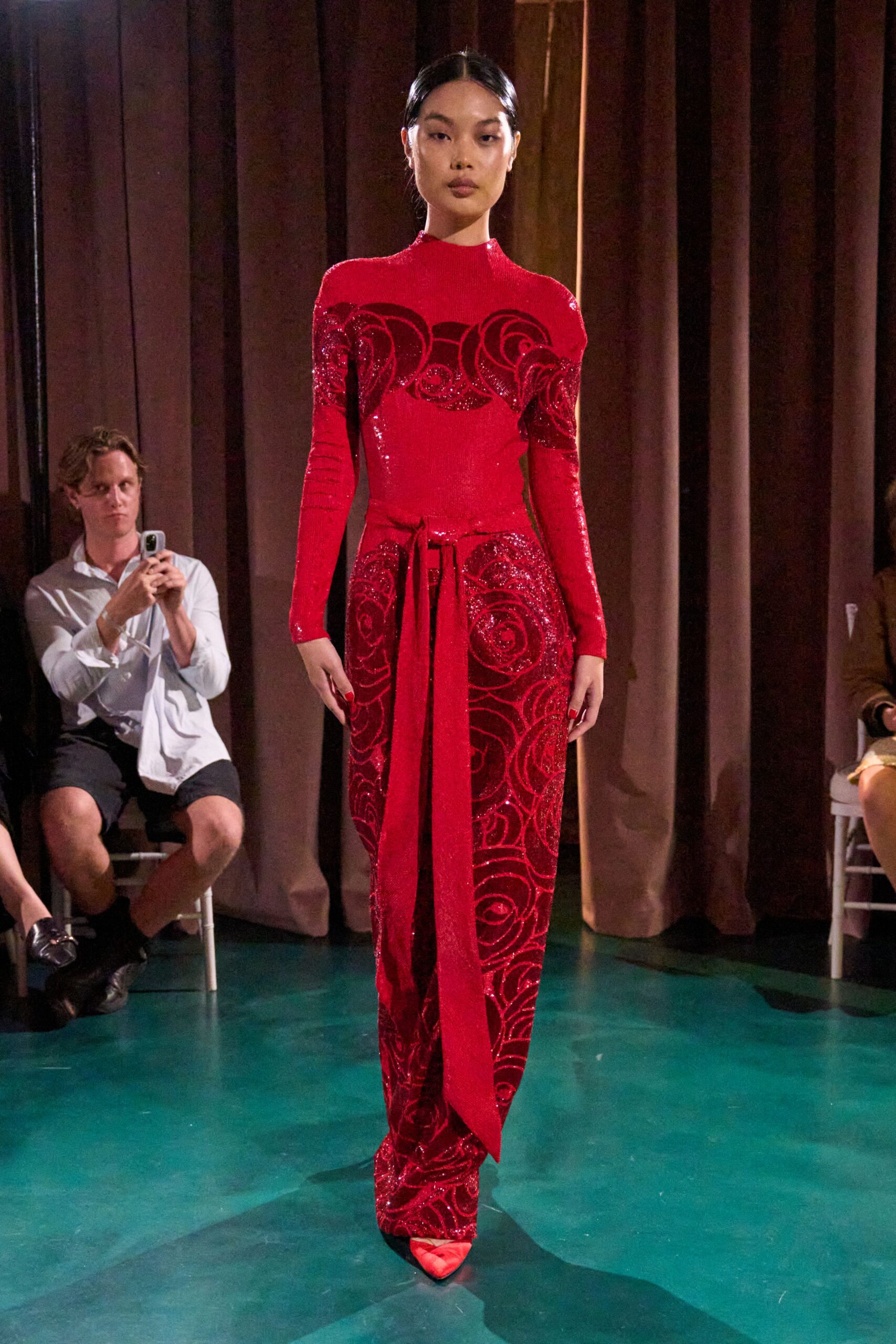 red silk long-sleeve high-neck fitted embellished ruched gown