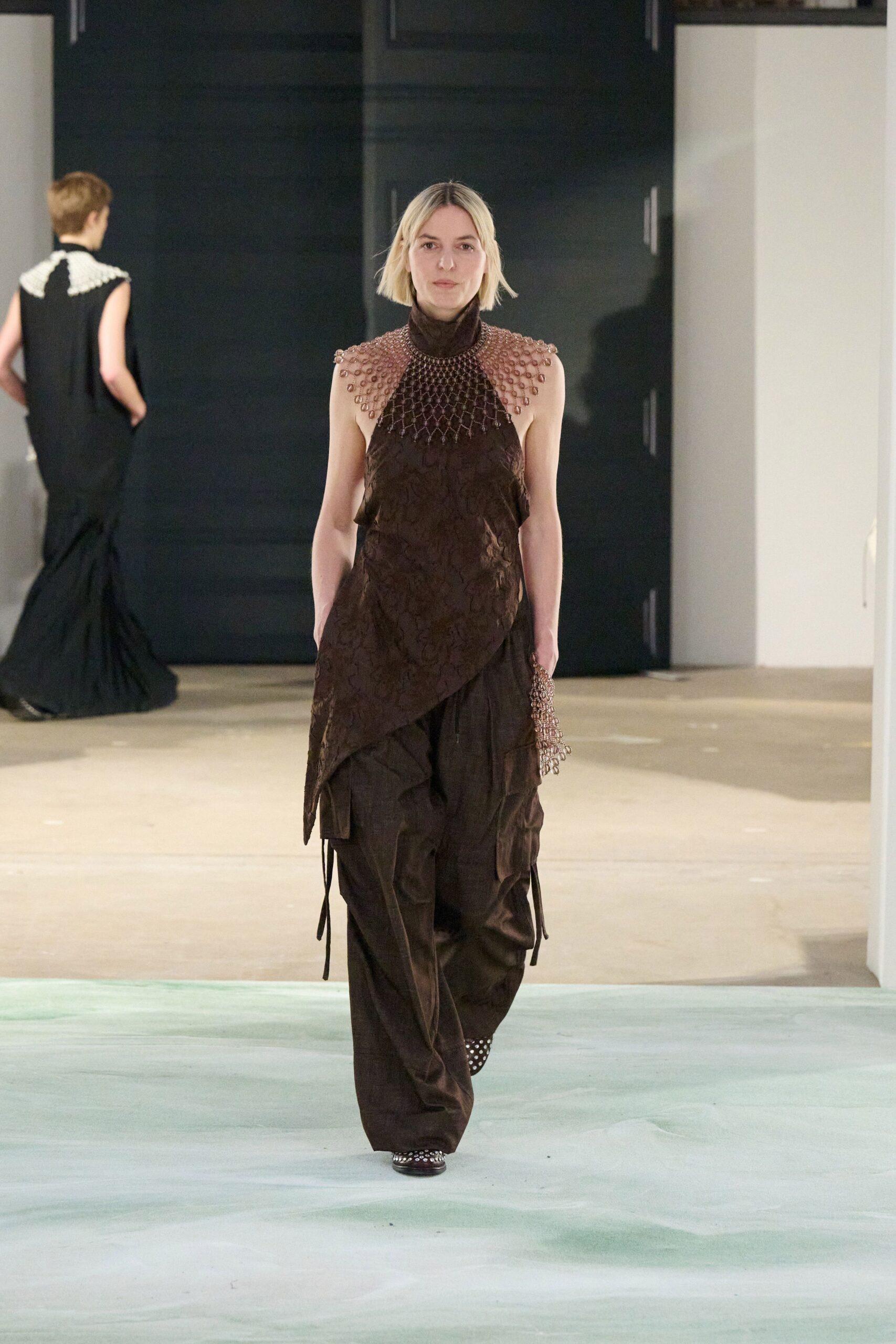 brown silk sleeveless high-neck fitted embroidered top