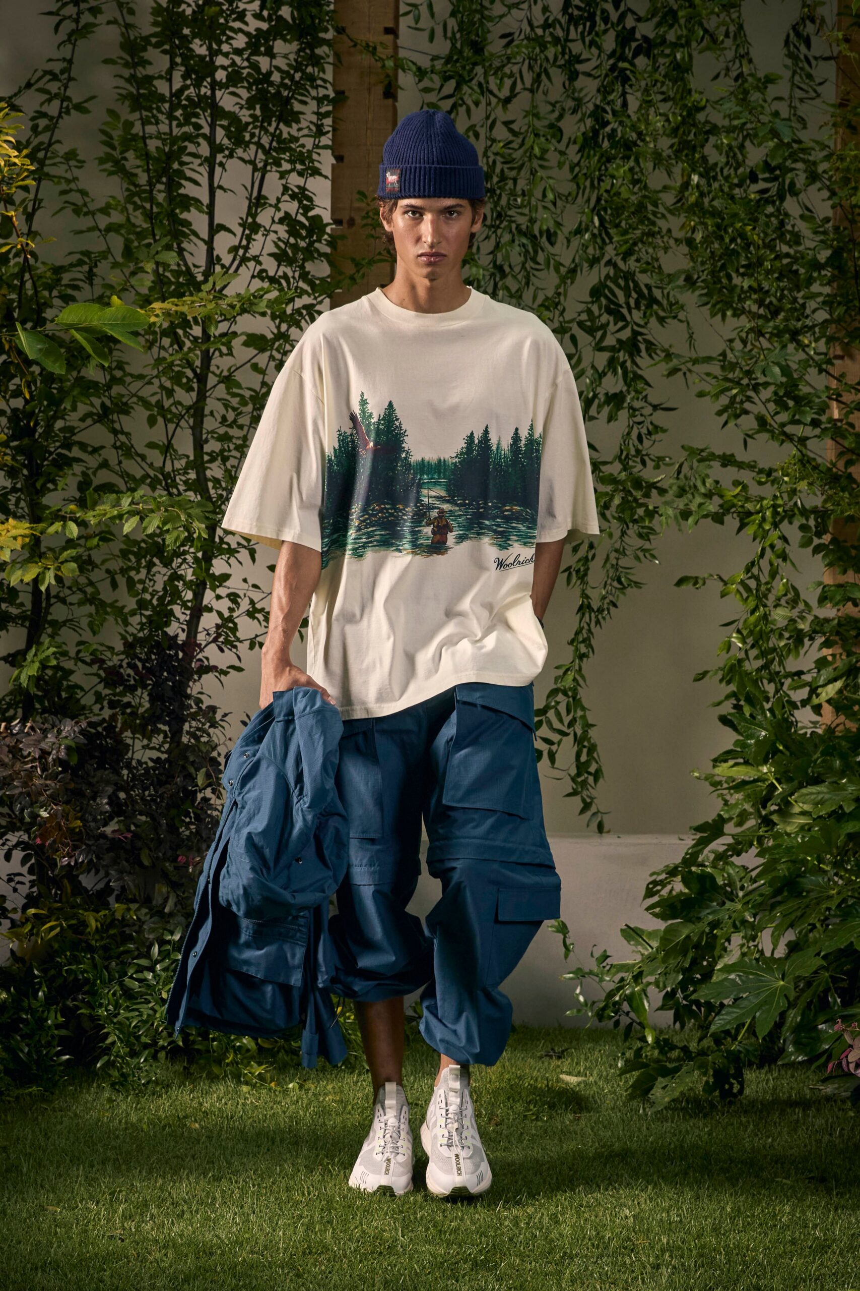relaxed white t-shirt with blue cargo pants