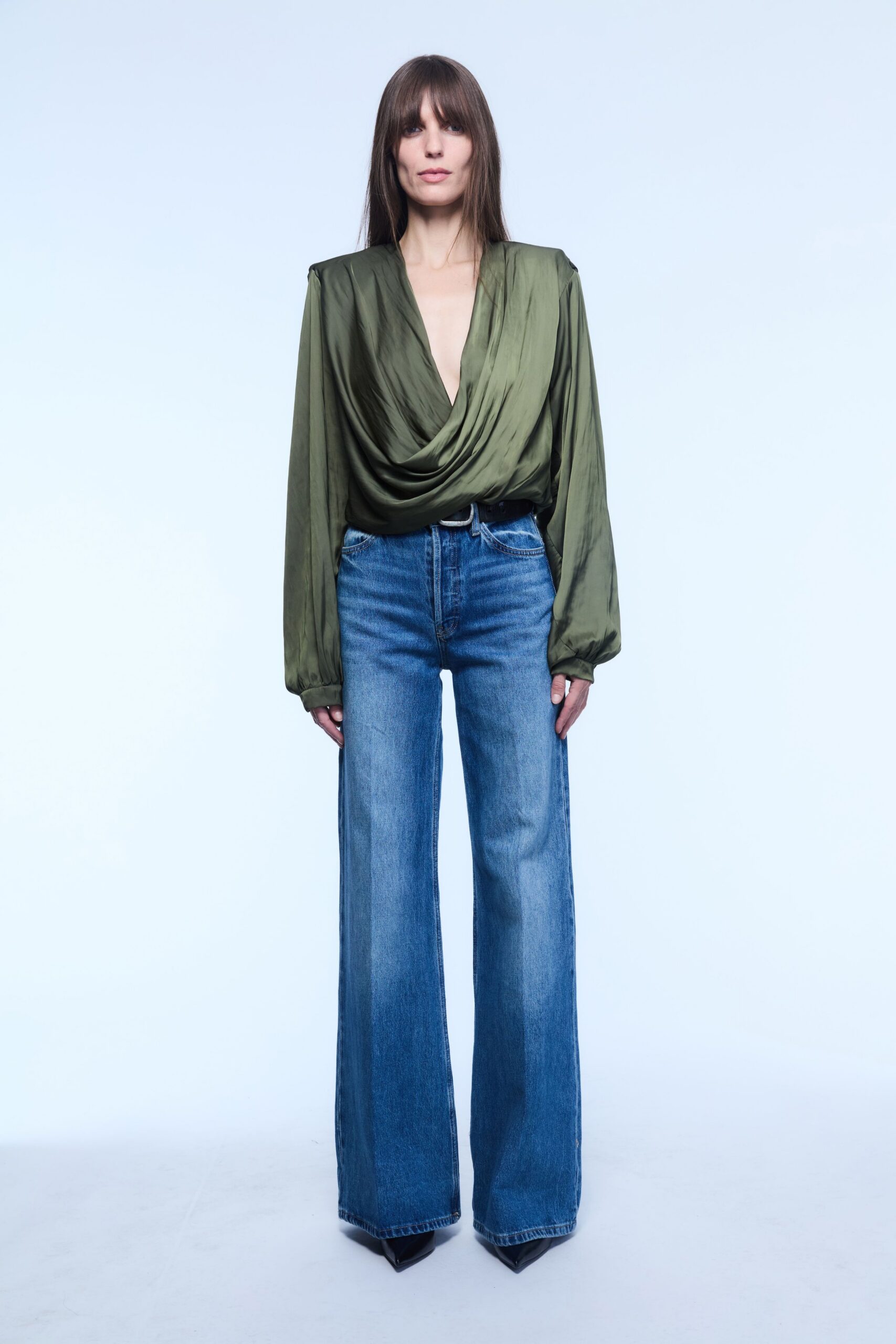 green silk long-sleeve v-neck relaxed draped top
