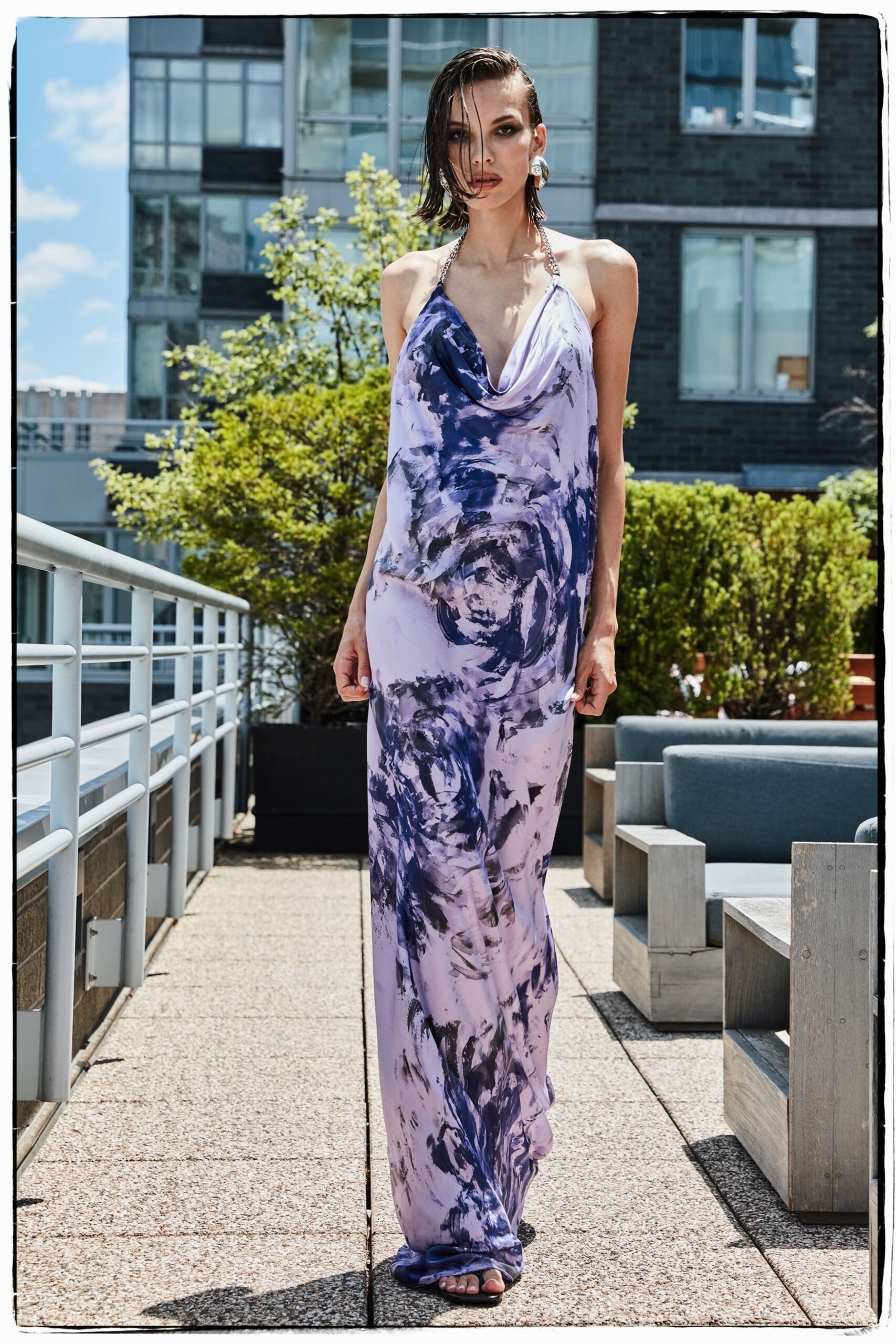 purple silk sleeveless v-neck relaxed draped printed gown