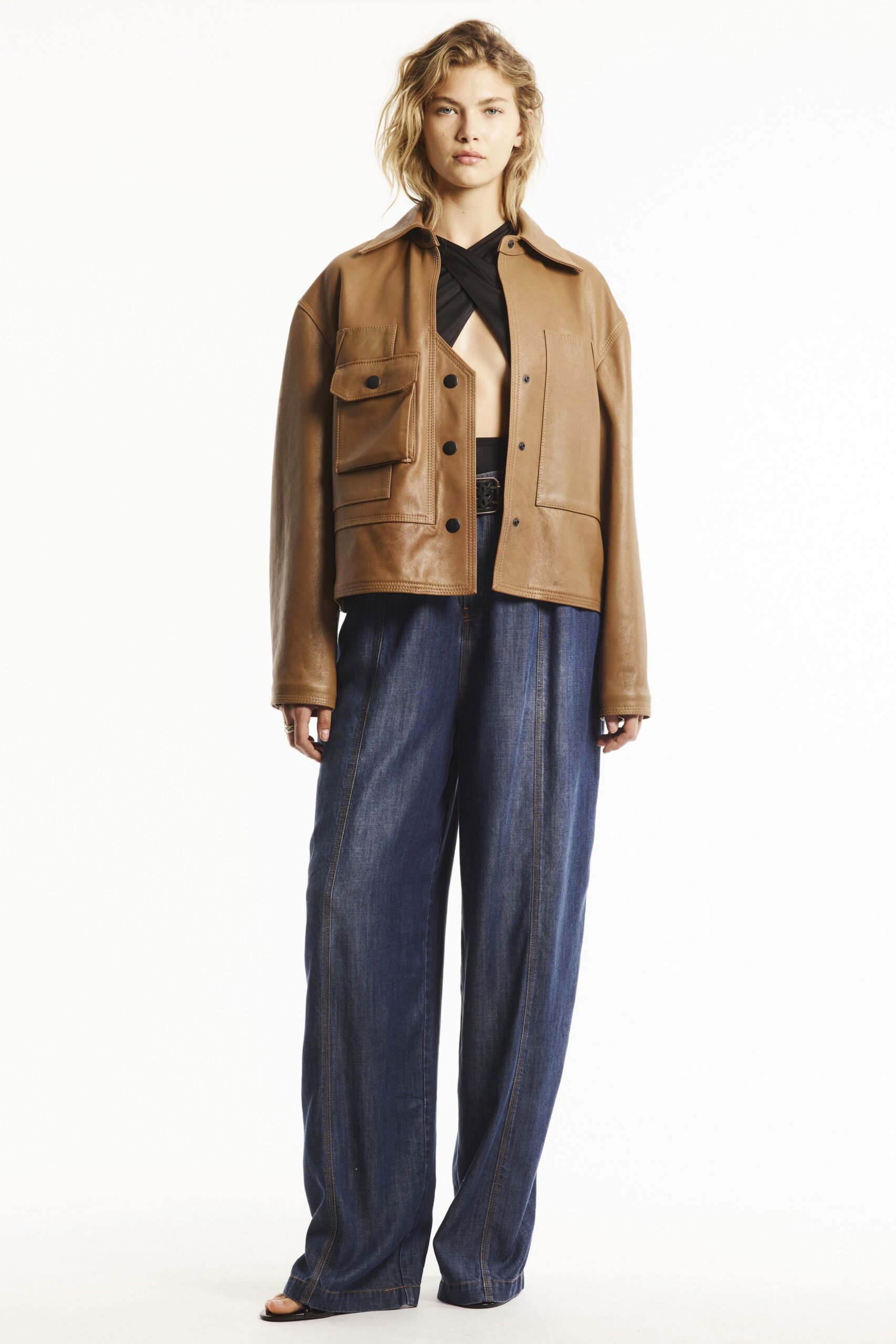 brown leather long-sleeve collared relaxed buttoned pockets jacket