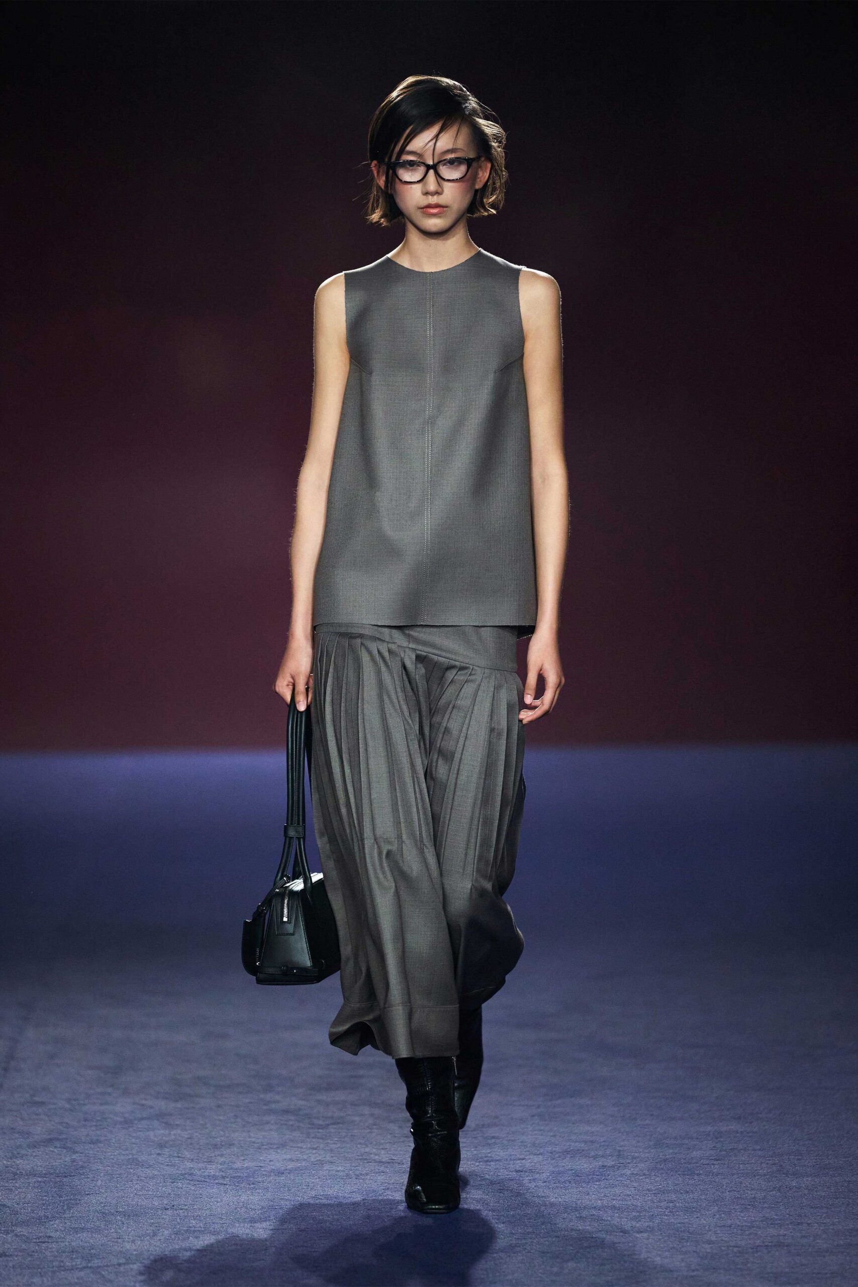 gray cotton sleeveless high-neck relaxed pleated top