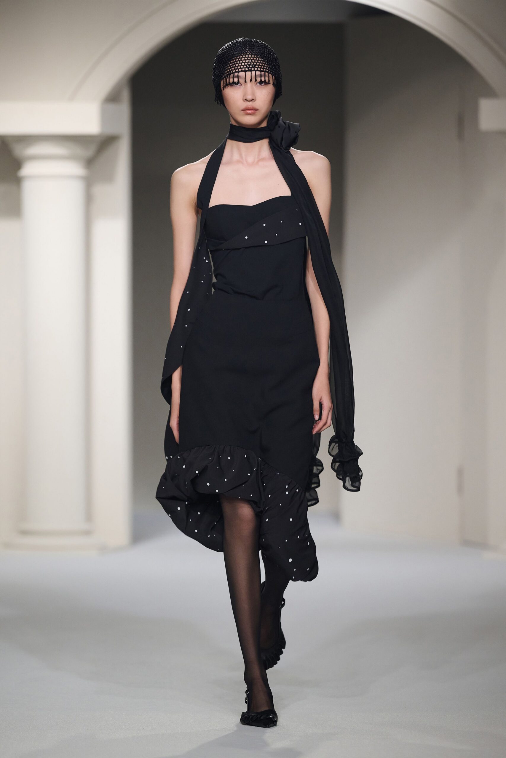 black silk strapless fitted ruffled beaded midi dress