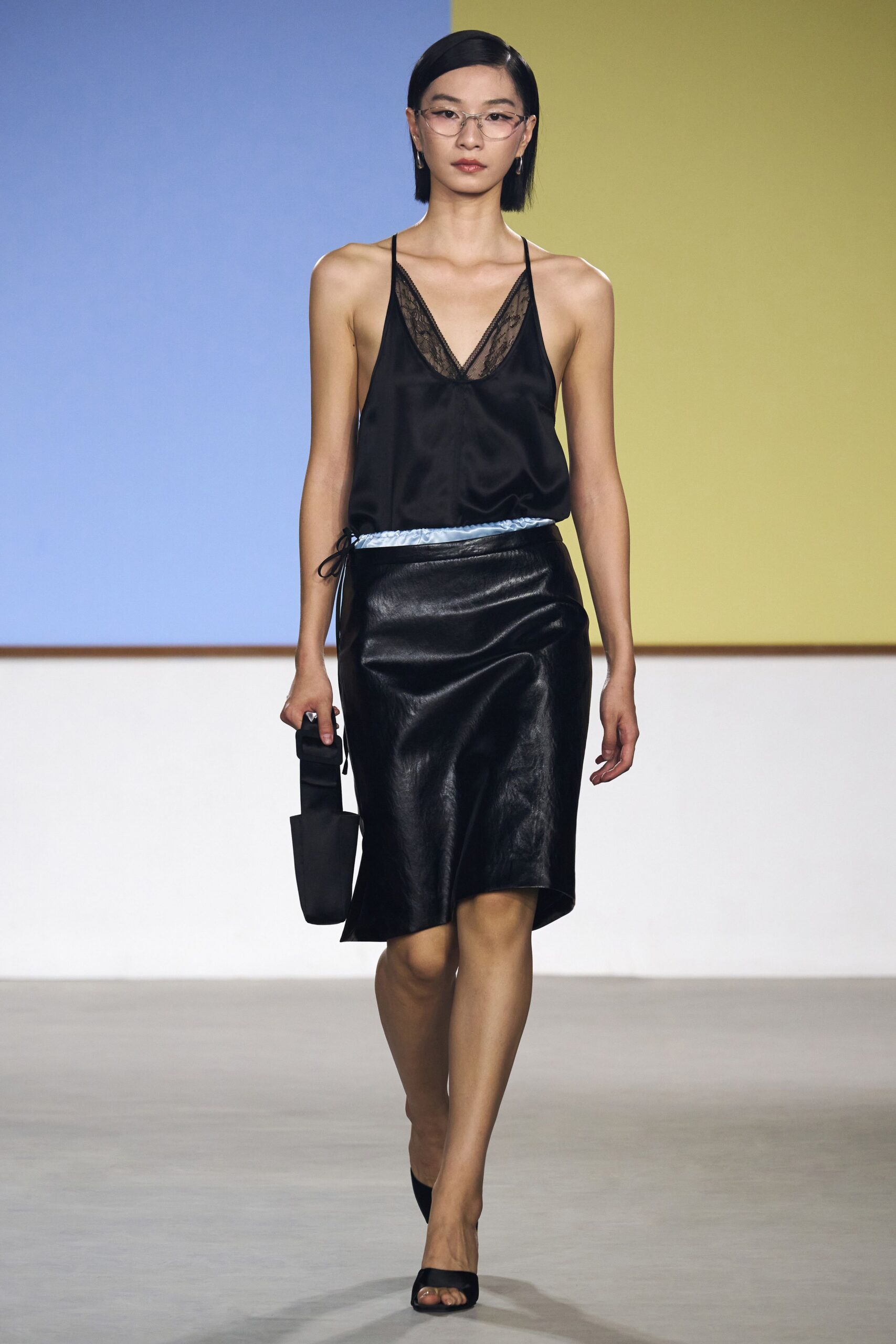 black silk top and leather skirt