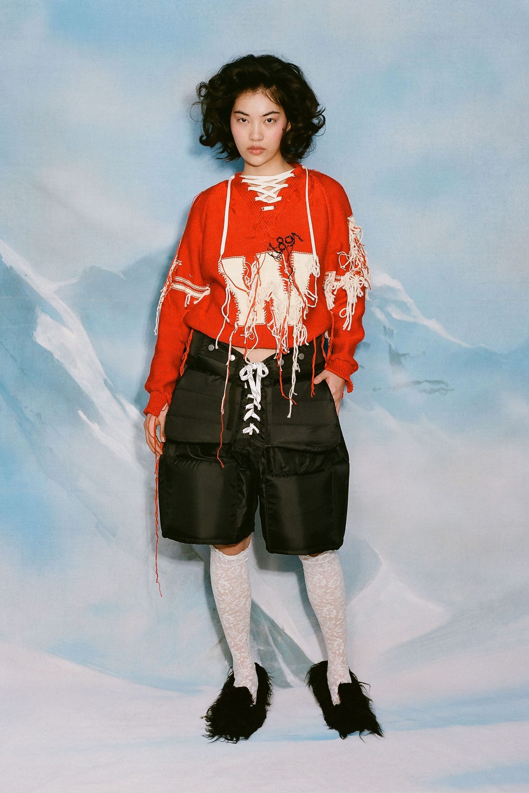 red cotton long-sleeve v-neck relaxed embroidered fringed sweater