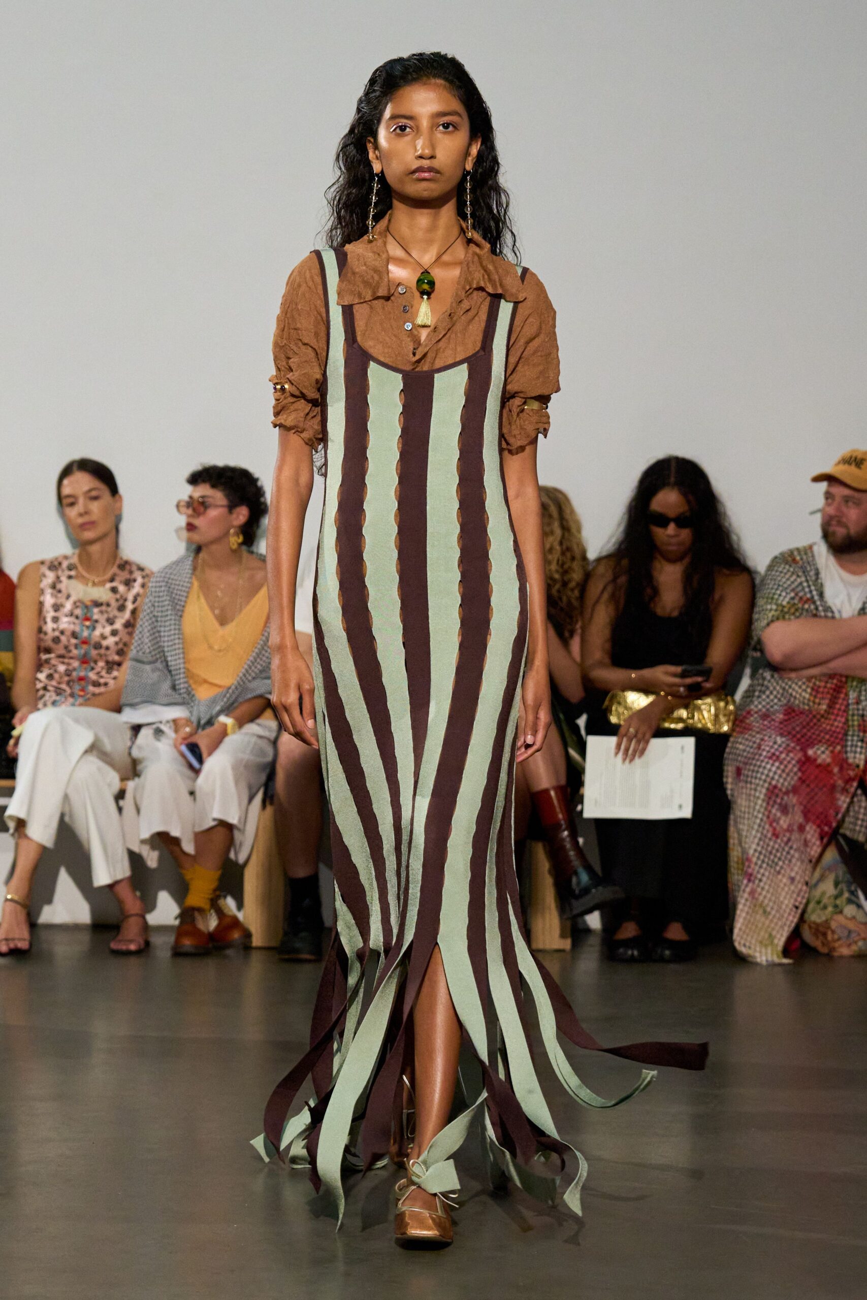 brown cotton sleeveless v-neck fitted striped tiered dress