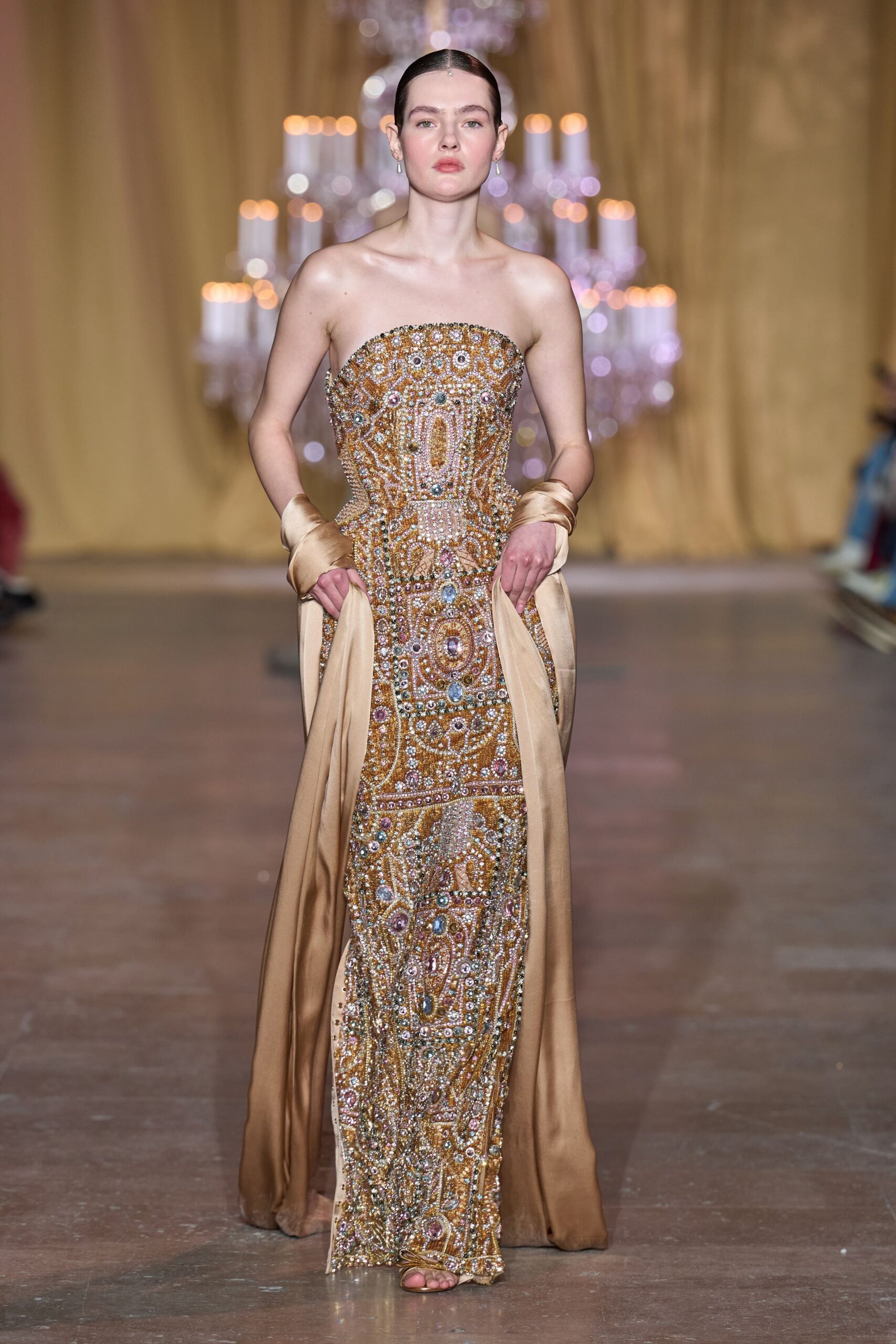 gold embellished strapless gown