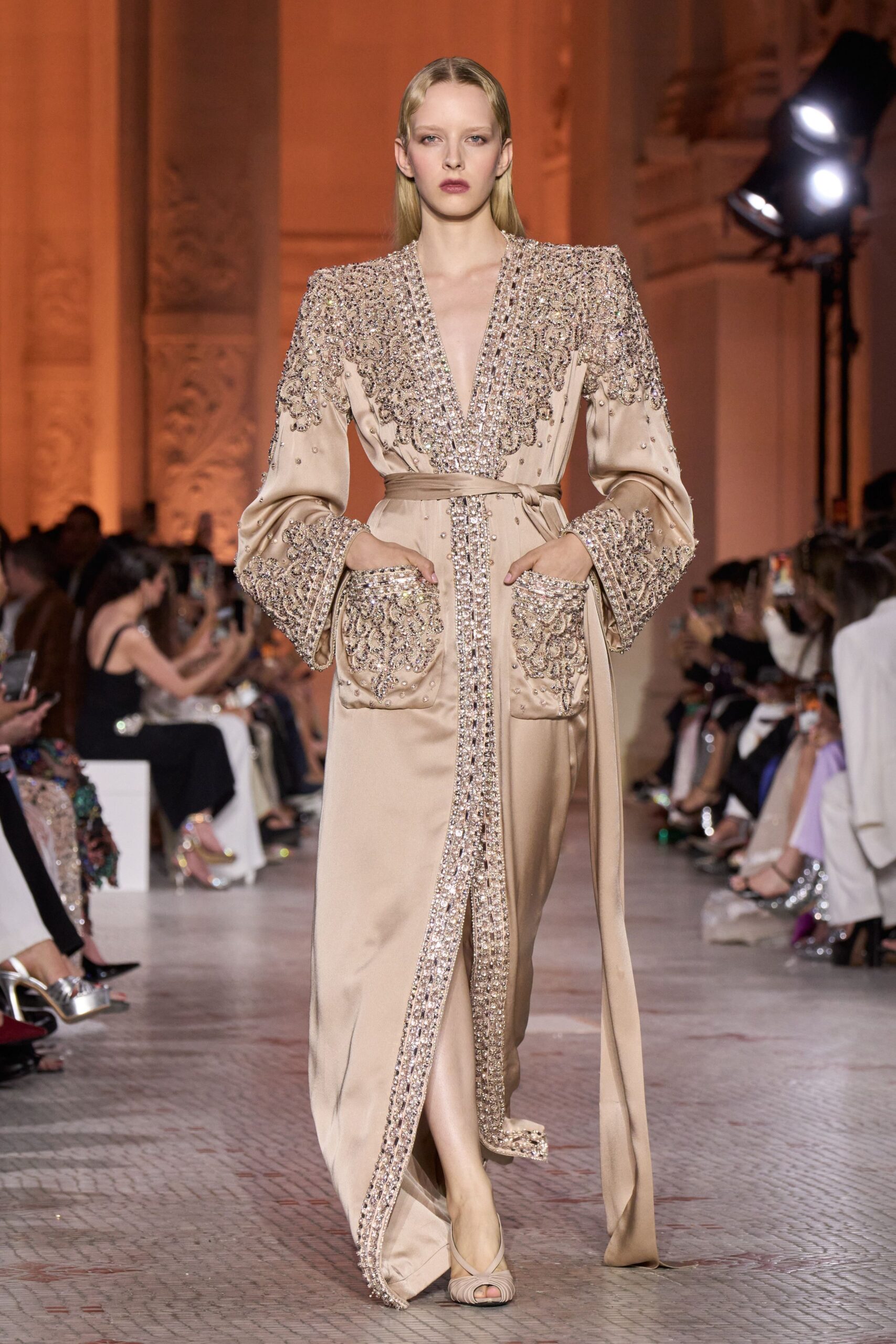 beige silk long-sleeve collared fitted embroidered belted gown
