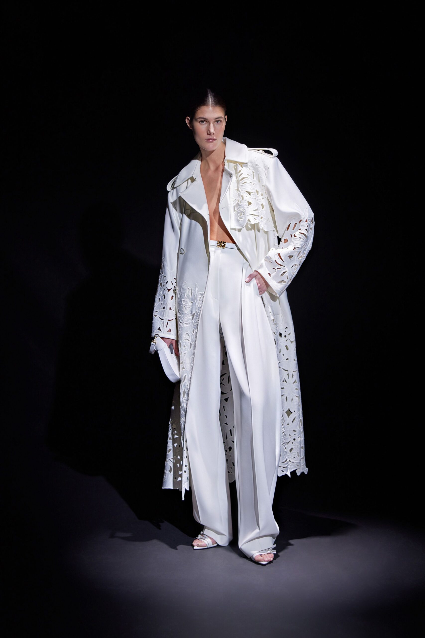white cotton long-sleeve collared relaxed embroidered trench