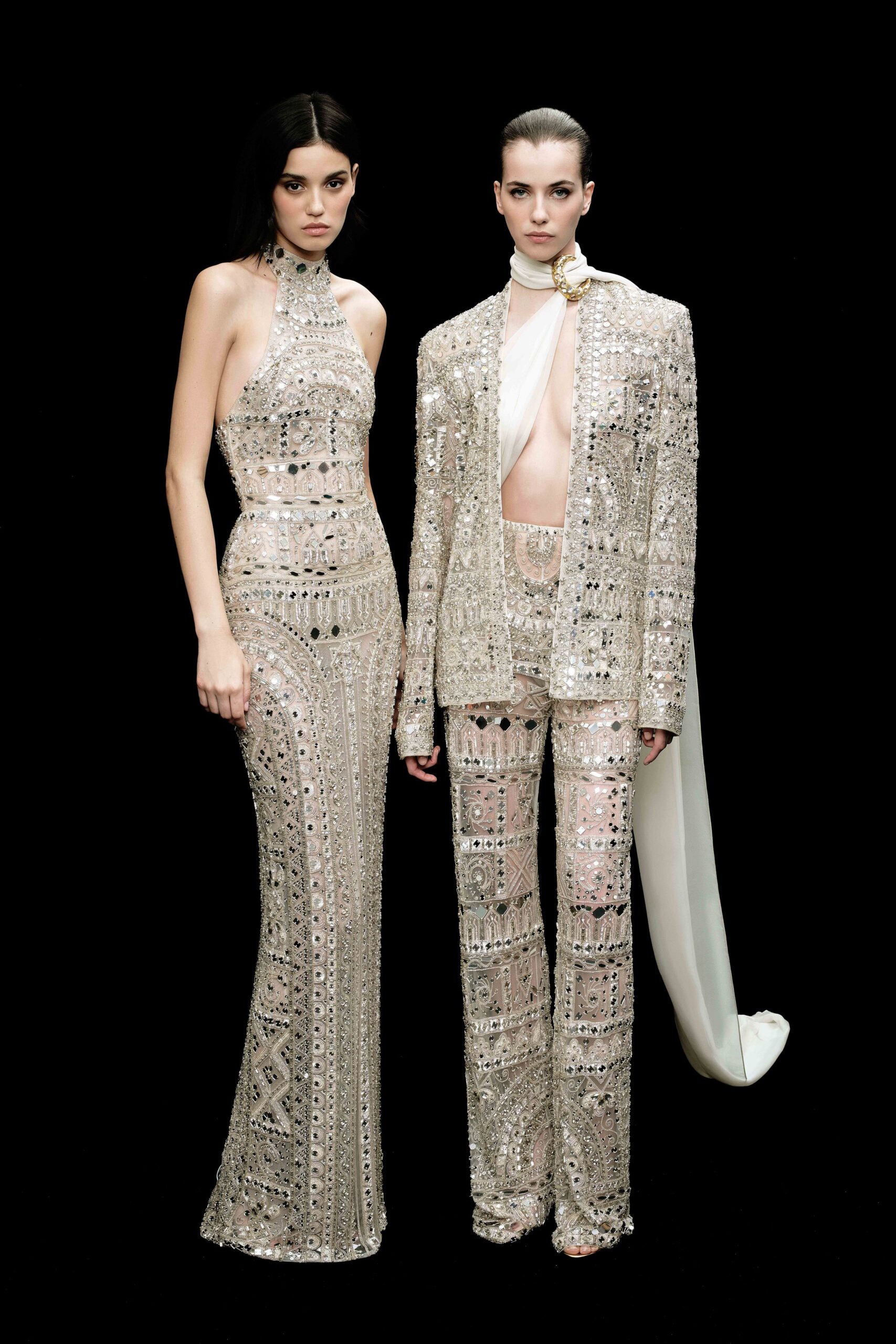 gold silk sleeveless high-neck fitted embroidered shiny gown