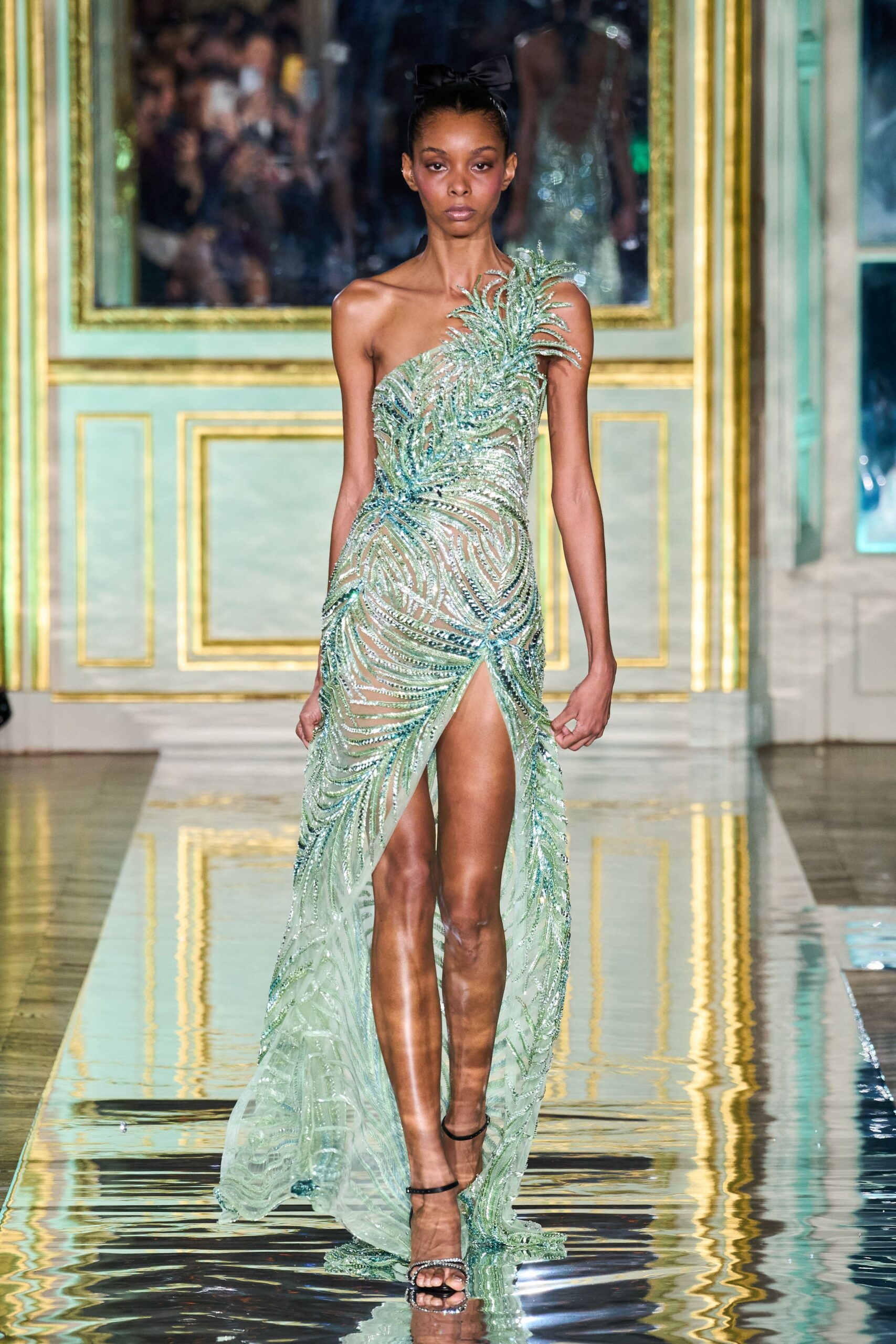 green silk sleeveless high-neck fitted embellished gown