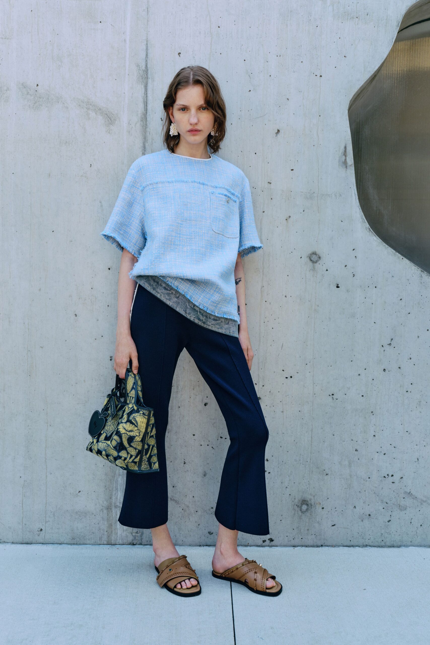 blue relaxed top with navy pants