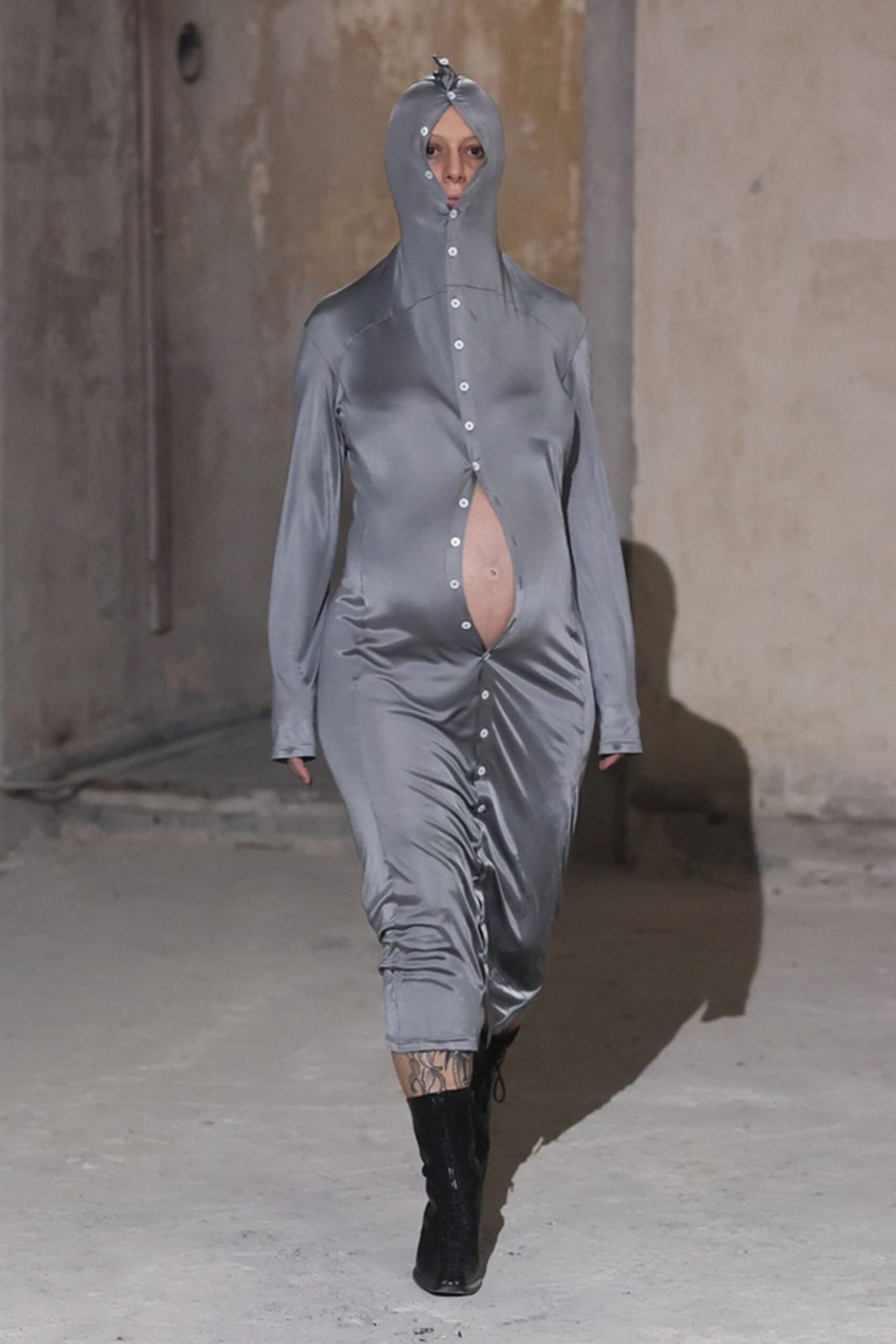 gray silk long-sleeve collared fitted buttoned draped dress