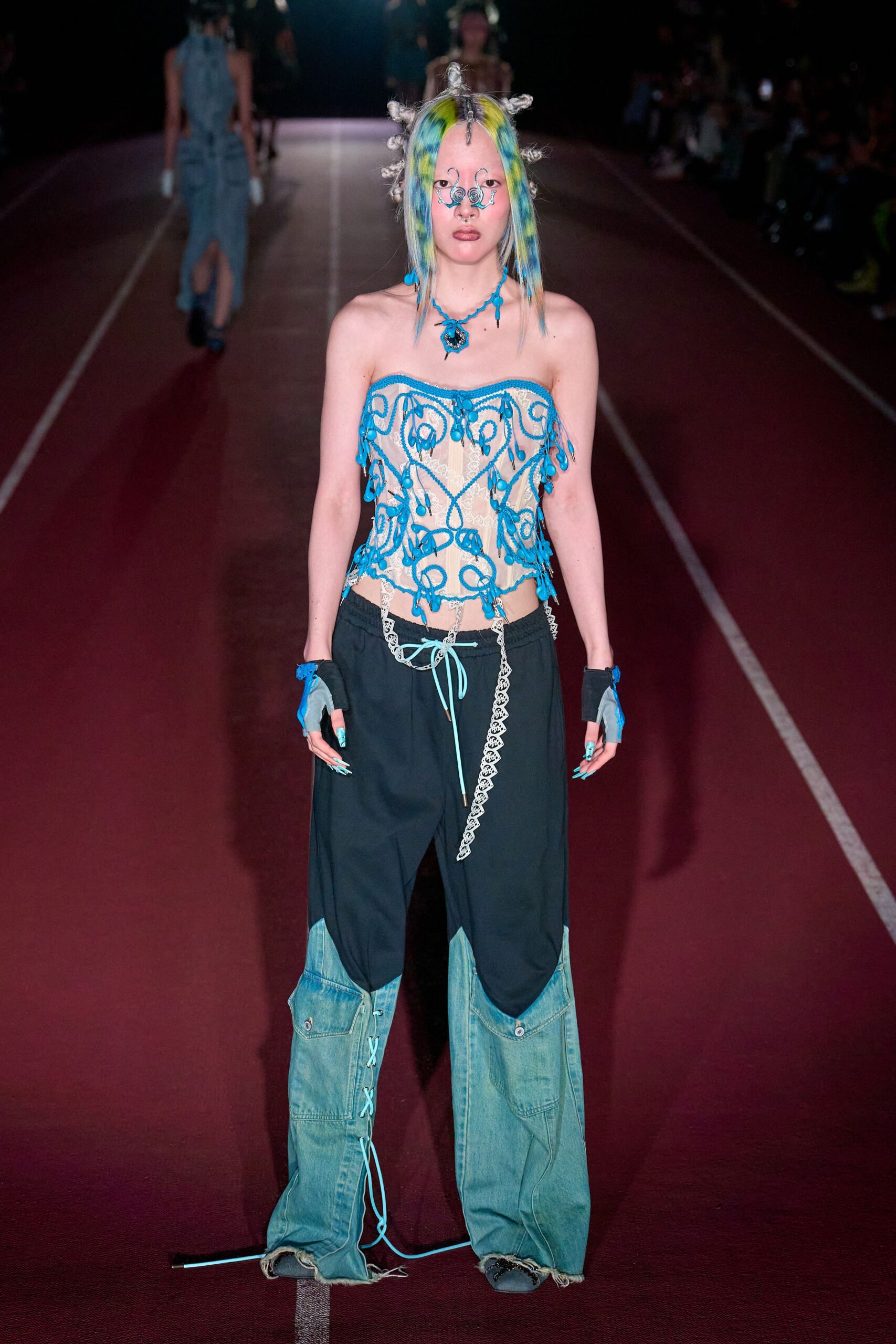 blue cotton strapless fitted fringed embroidered top