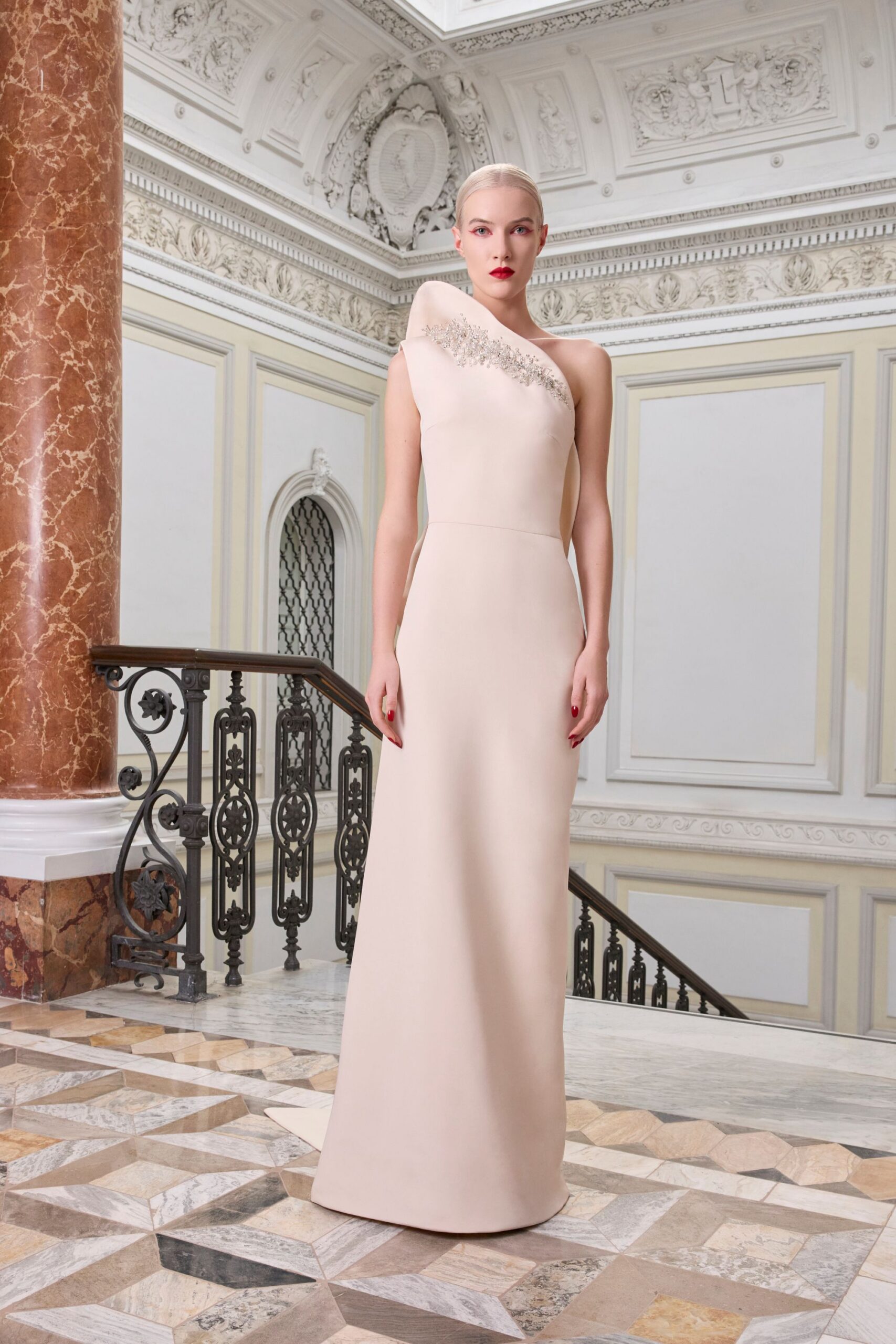 beige fitted sleeveless gown