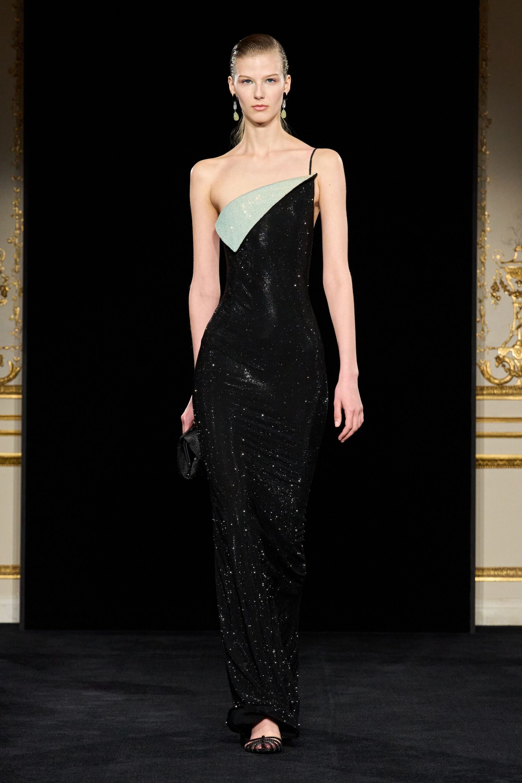 black silk sleeveless off-shoulder fitted sequined shiny gown