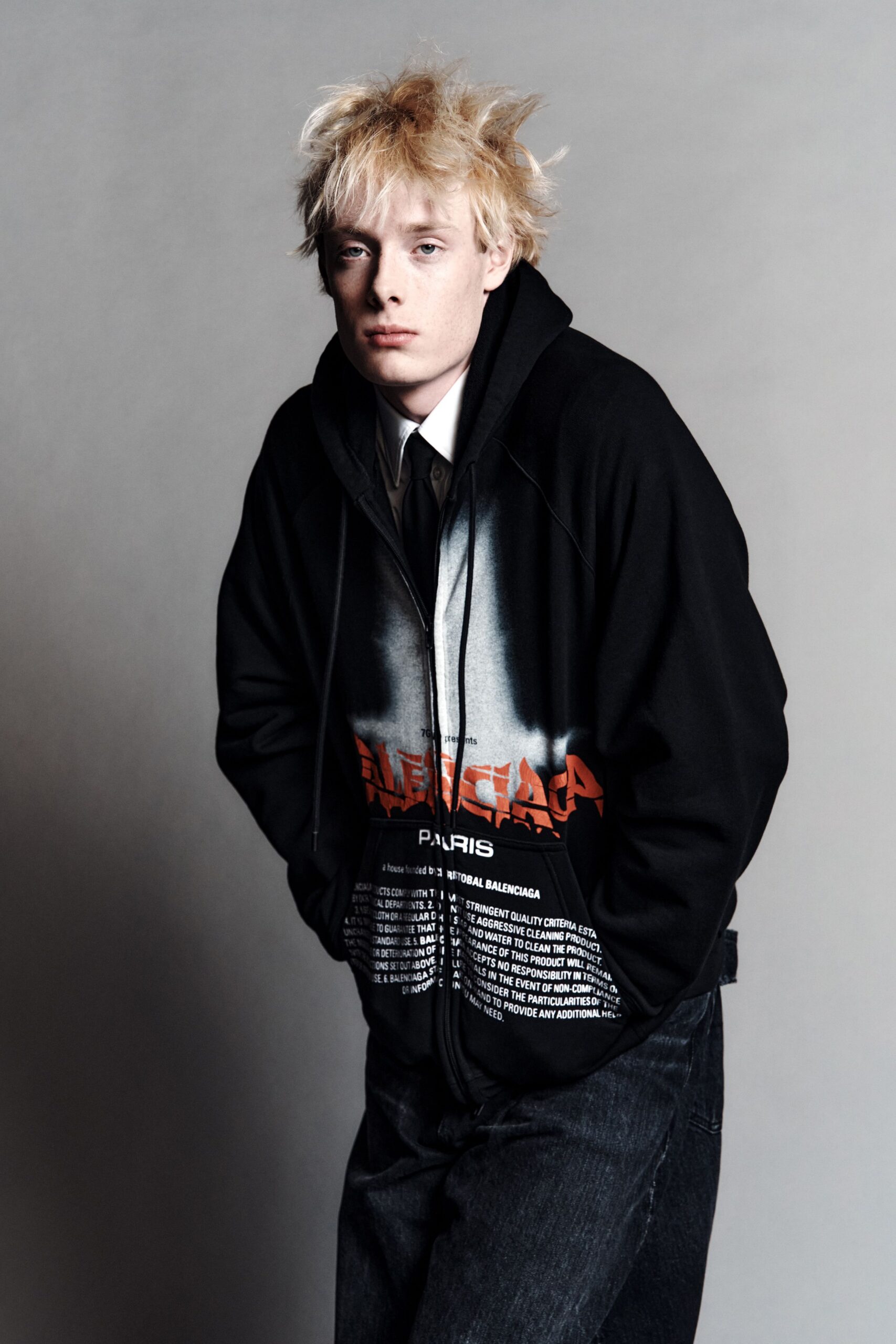 black cotton long-sleeve hooded relaxed printed hoodie
