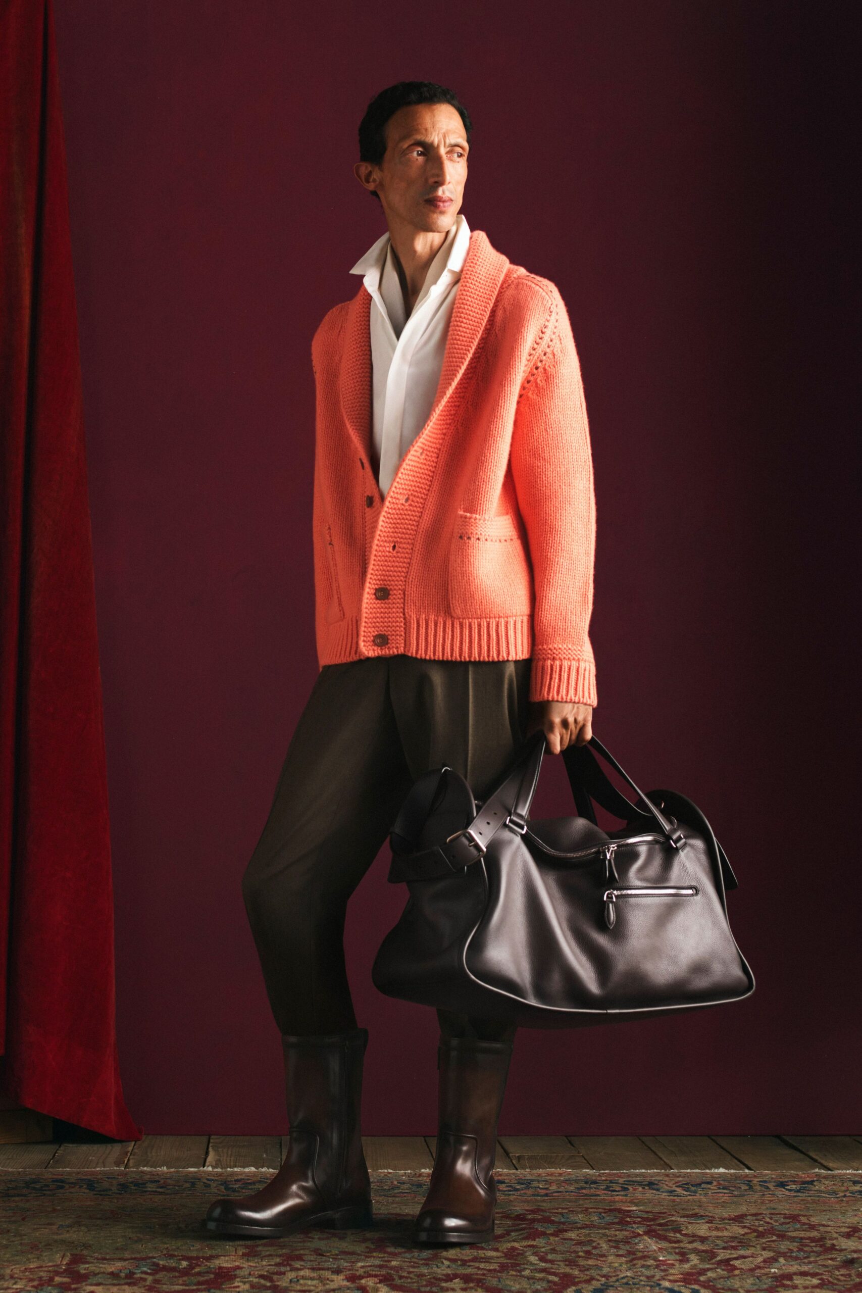 orange wool long-sleeve collared relaxed buttoned cardigan