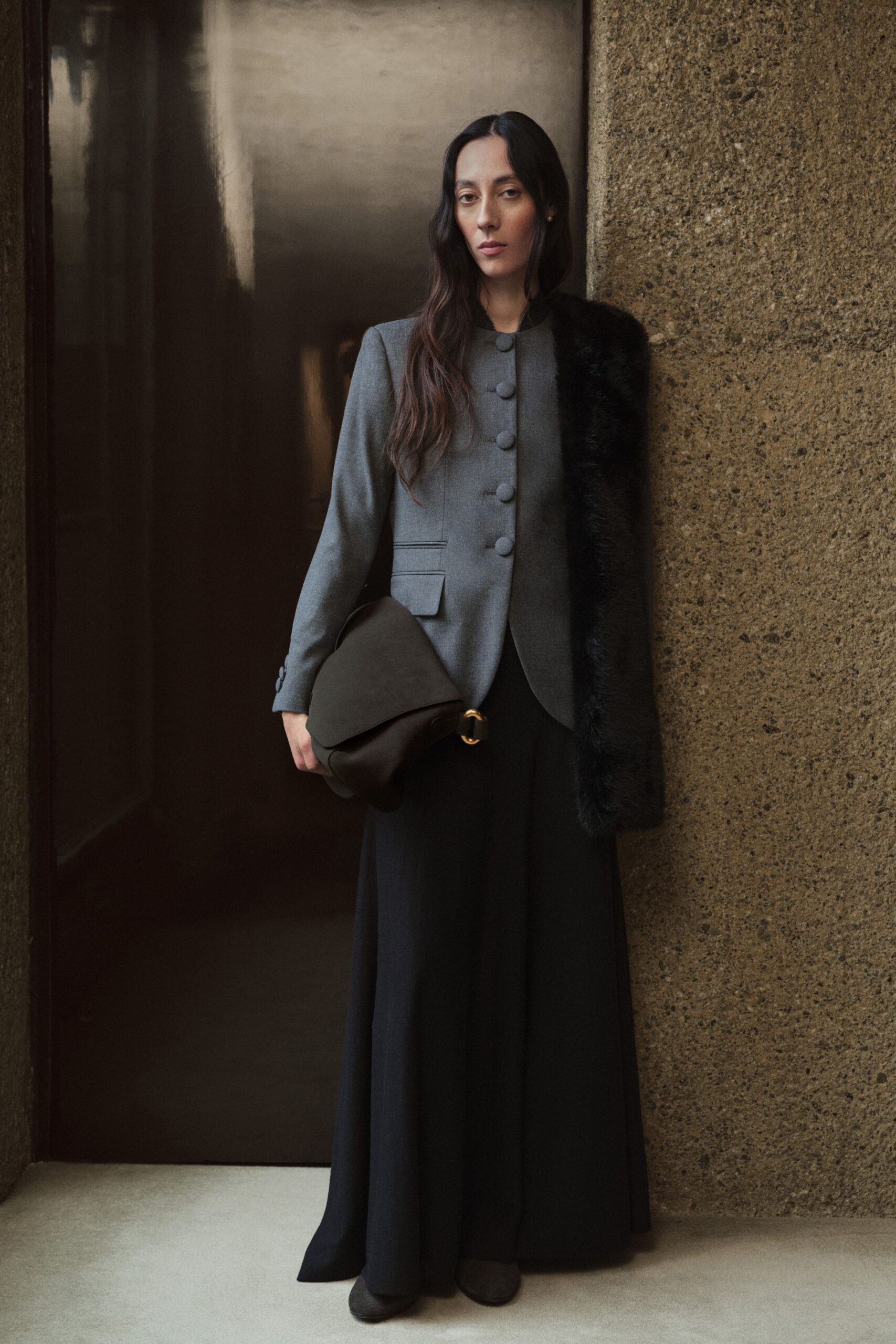 black wool fitted flared maxi skirt