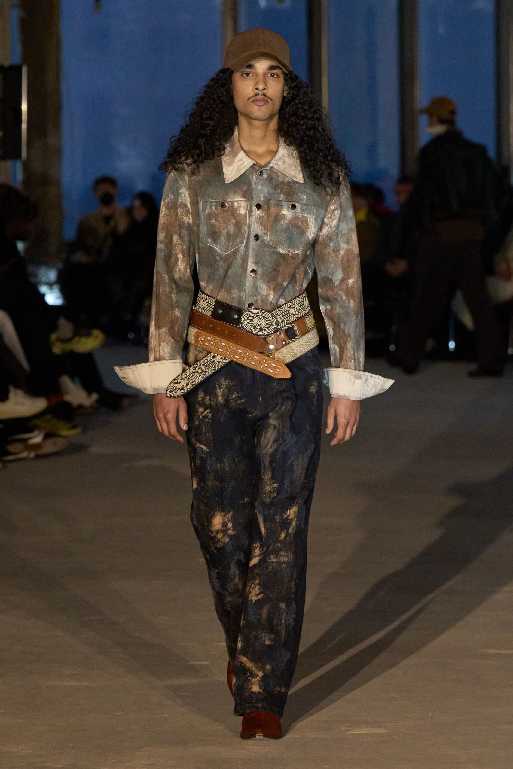 relaxed blue and brown shirt with flared pants