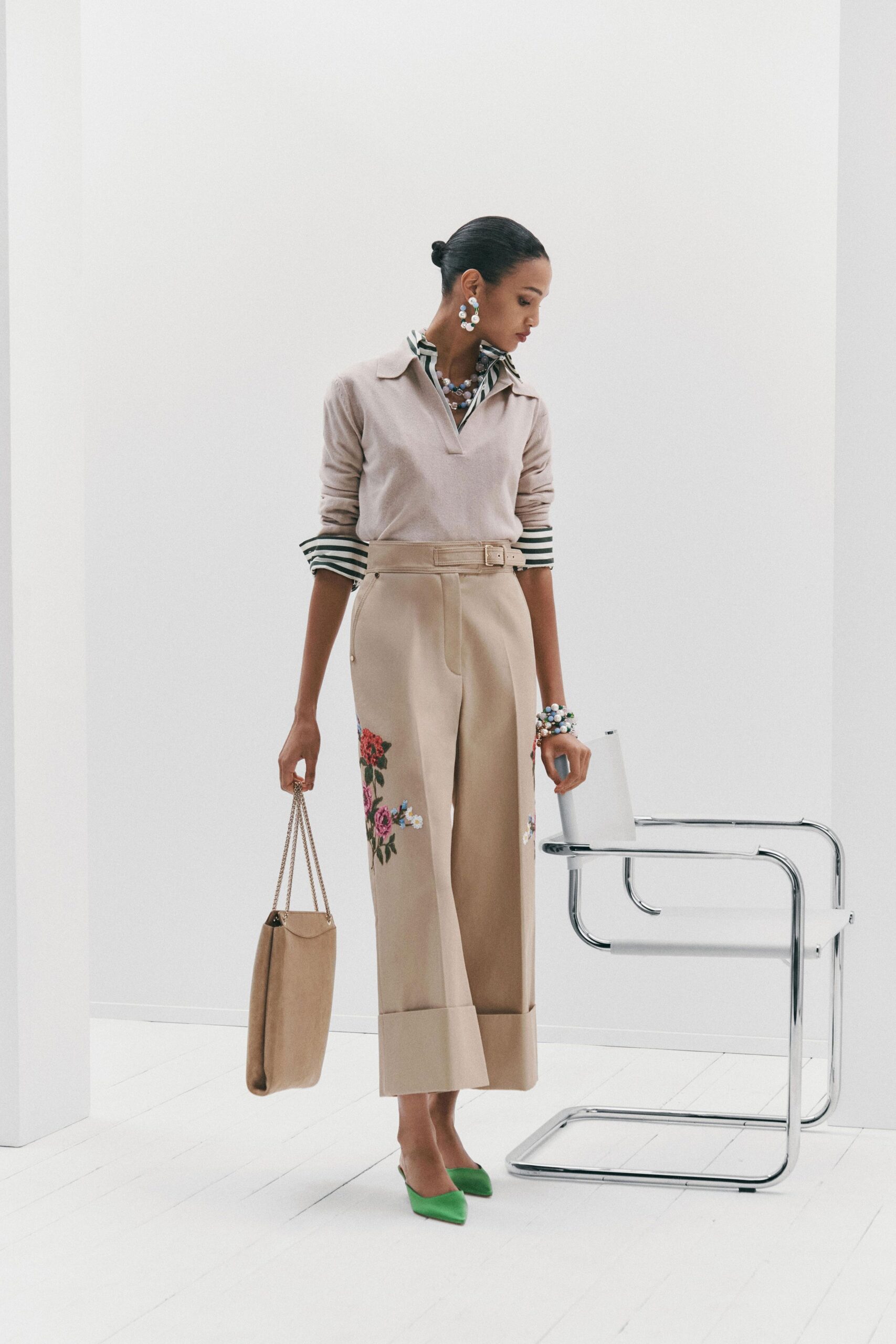 beige cotton long-sleeve collared relaxed buttoned blouse