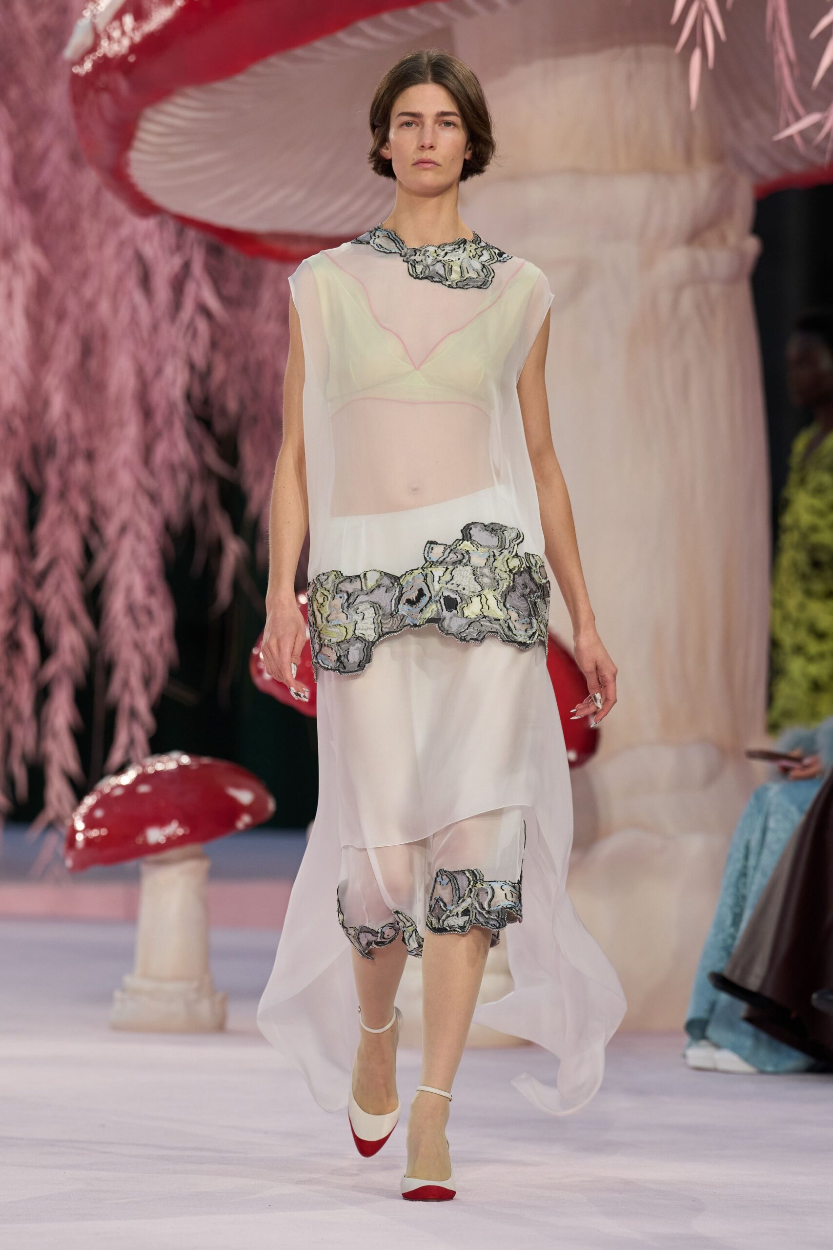 white silk sleeveless high-neck fitted layered embroidered dress