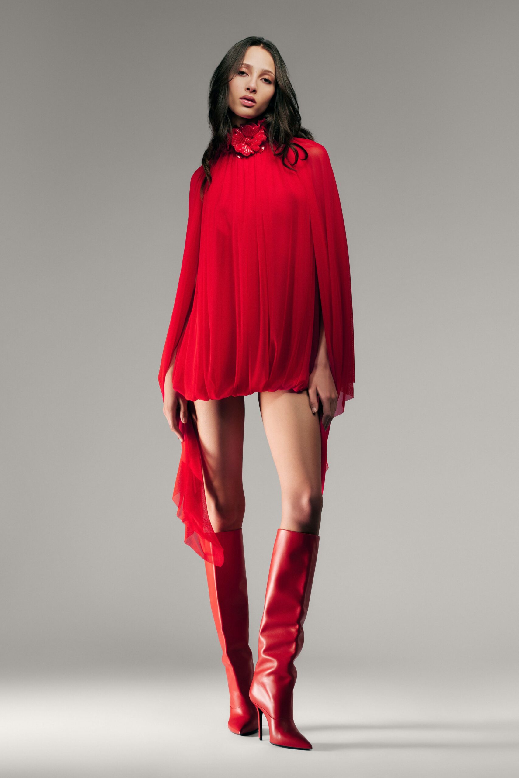 red chiffon long-sleeve high-neck fitted draped flowing dress