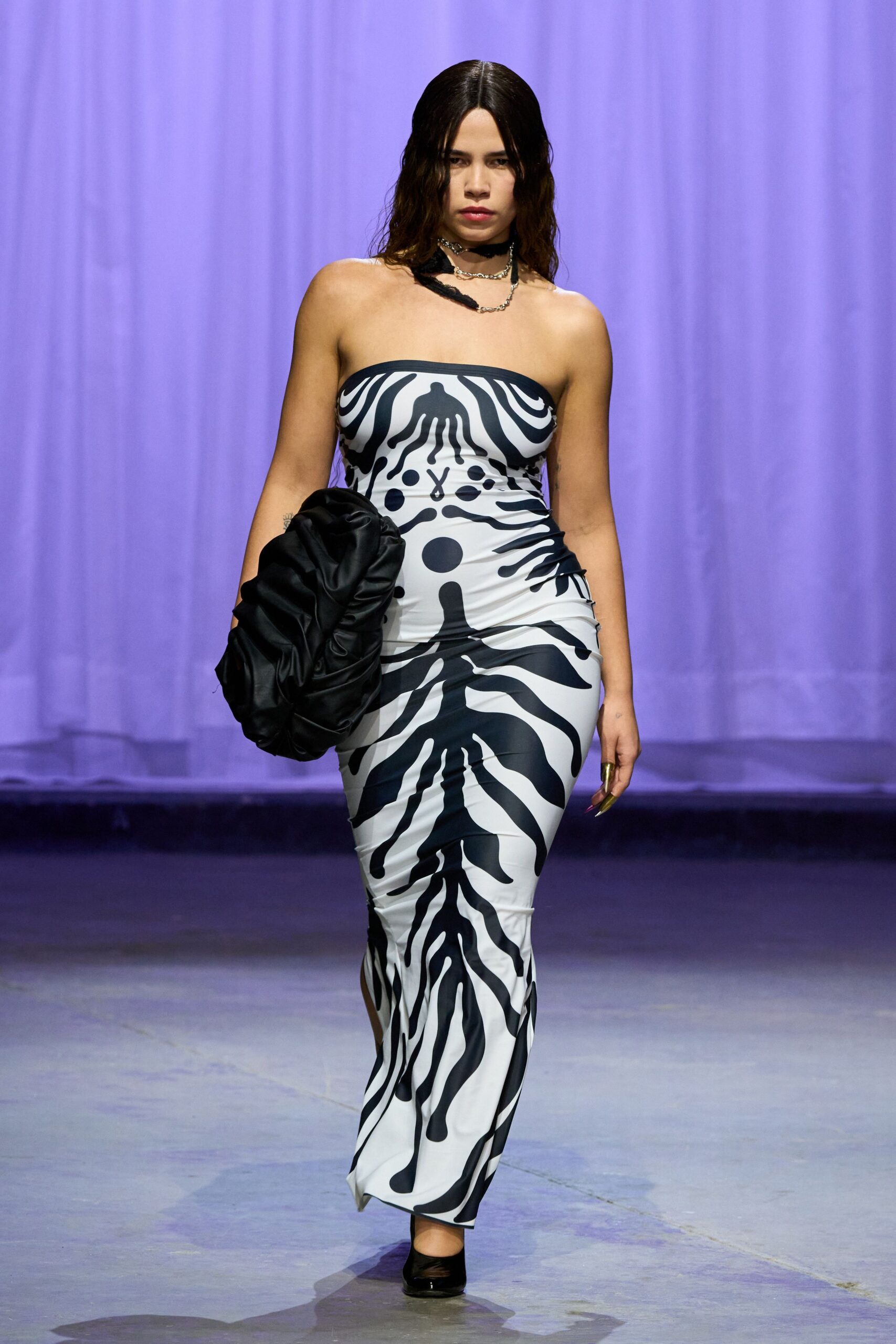 black cotton strapless fitted printed maxi dress