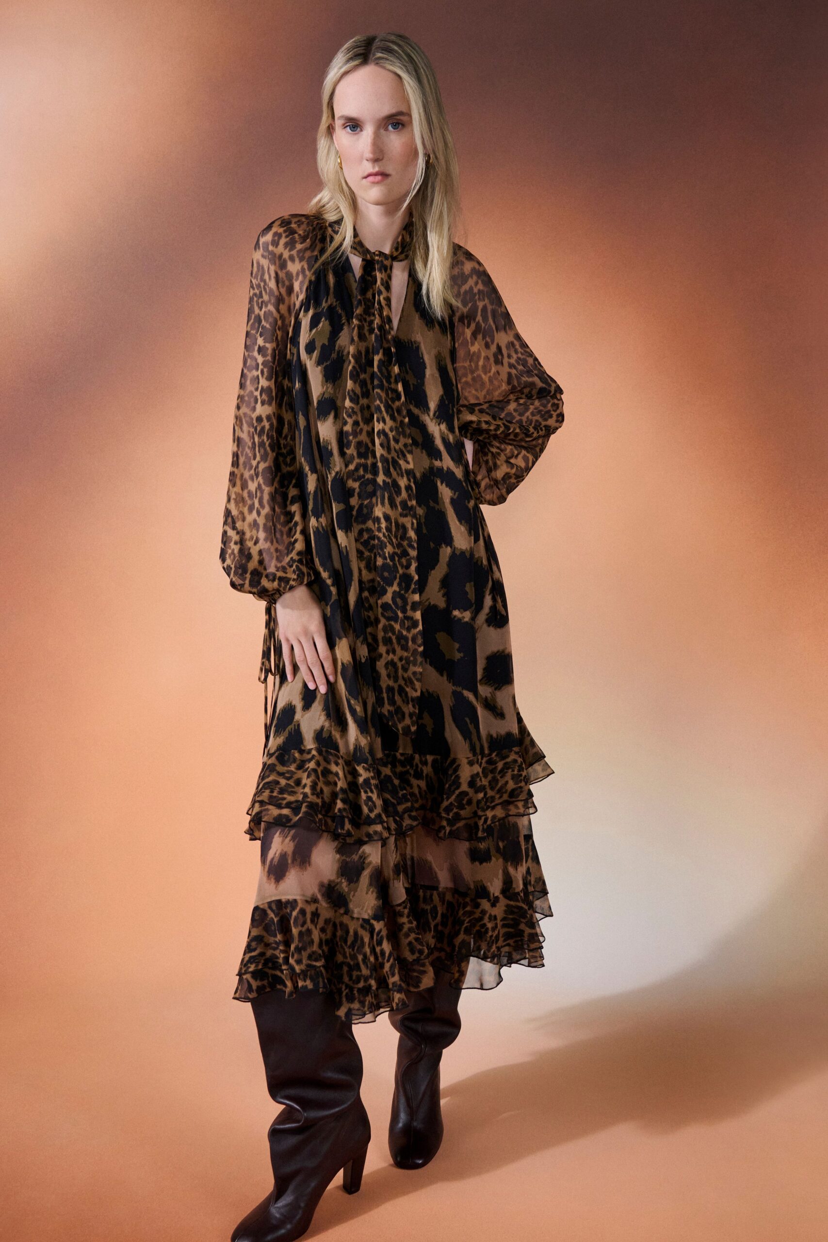 brown silk long-sleeve v-neck relaxed animal-print layered dress